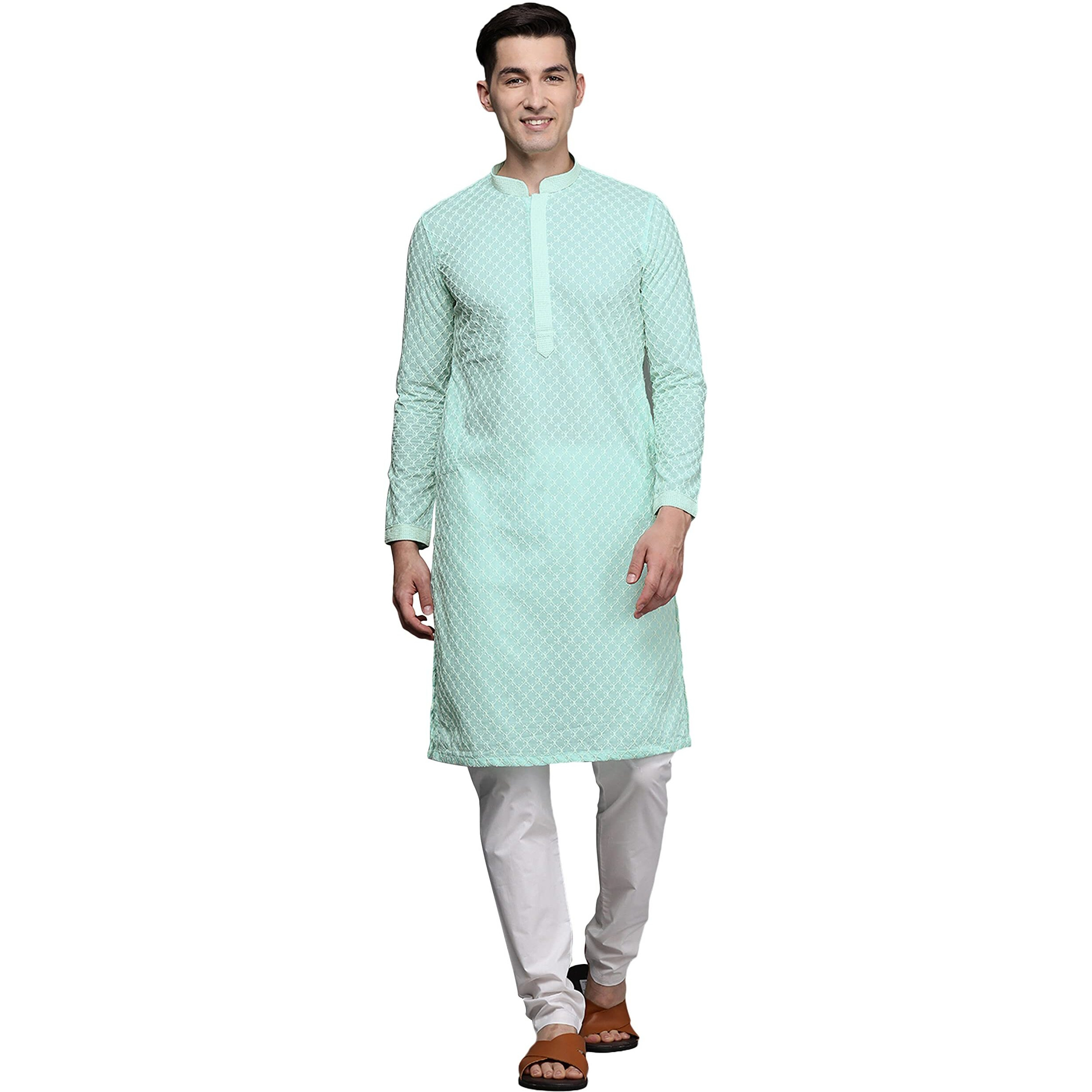 Manyavar Kurta Set For Men, Full Sleeves Mandarin Collar Ethnic Kurta Set For Diwali, Wedding, Party Blended Viscose (Green, L)