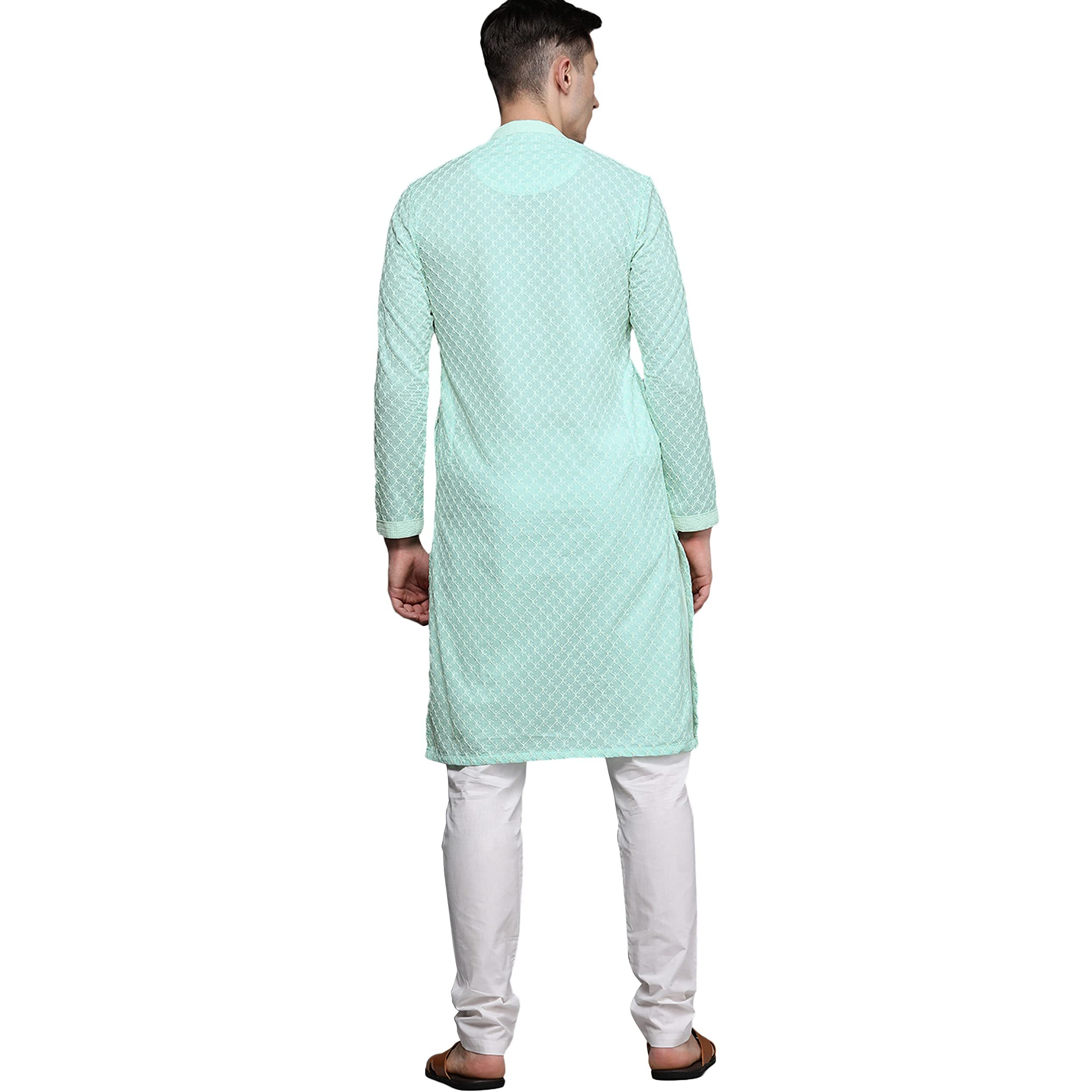 Manyavar Kurta Set For Men, Full Sleeves Mandarin Collar Ethnic Kurta Set For Diwali, Wedding, Party Blended Viscose (Green, L)