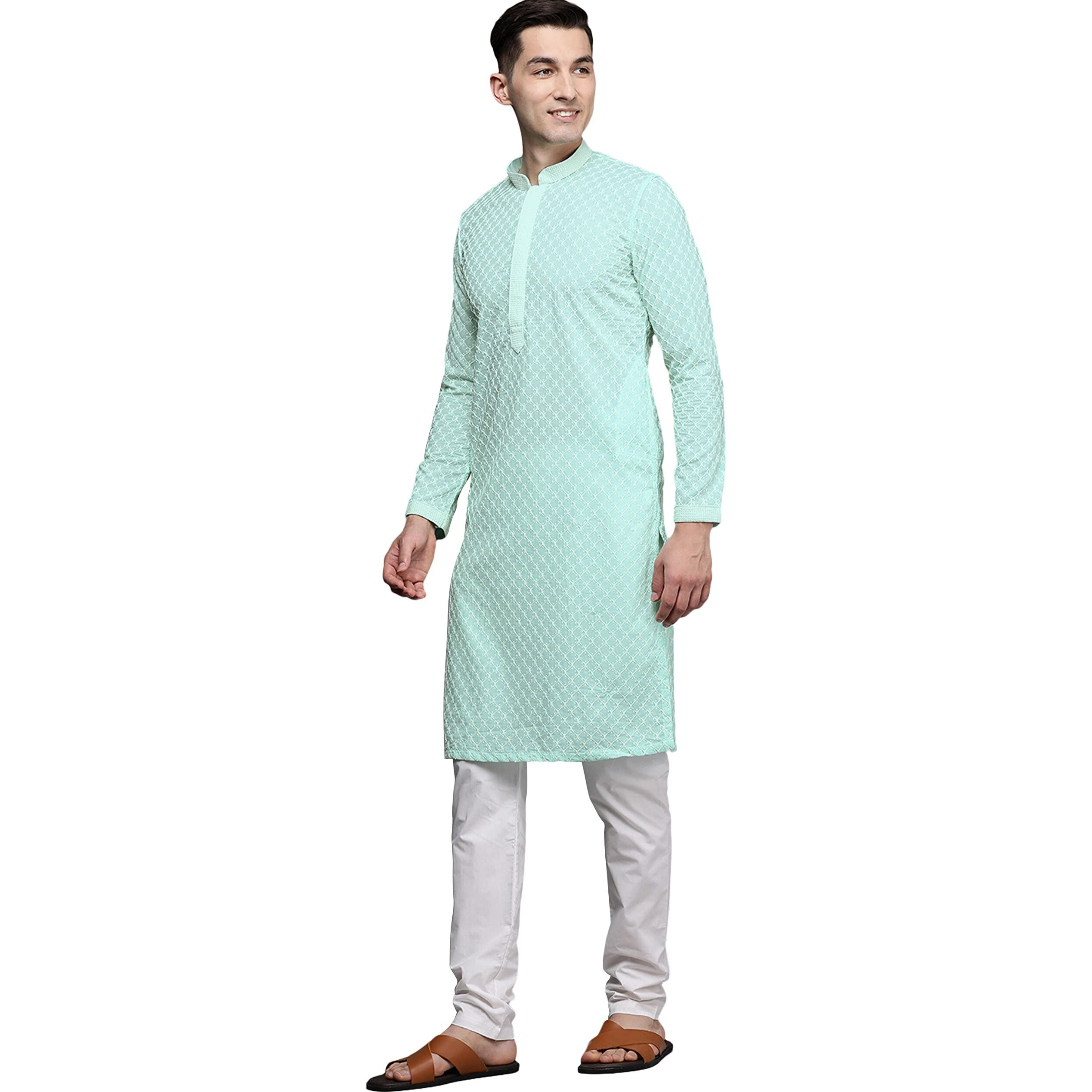 Manyavar Kurta Set For Men, Full Sleeves Mandarin Collar Ethnic Kurta Set For Diwali, Wedding, Party Blended Viscose (Green, L)