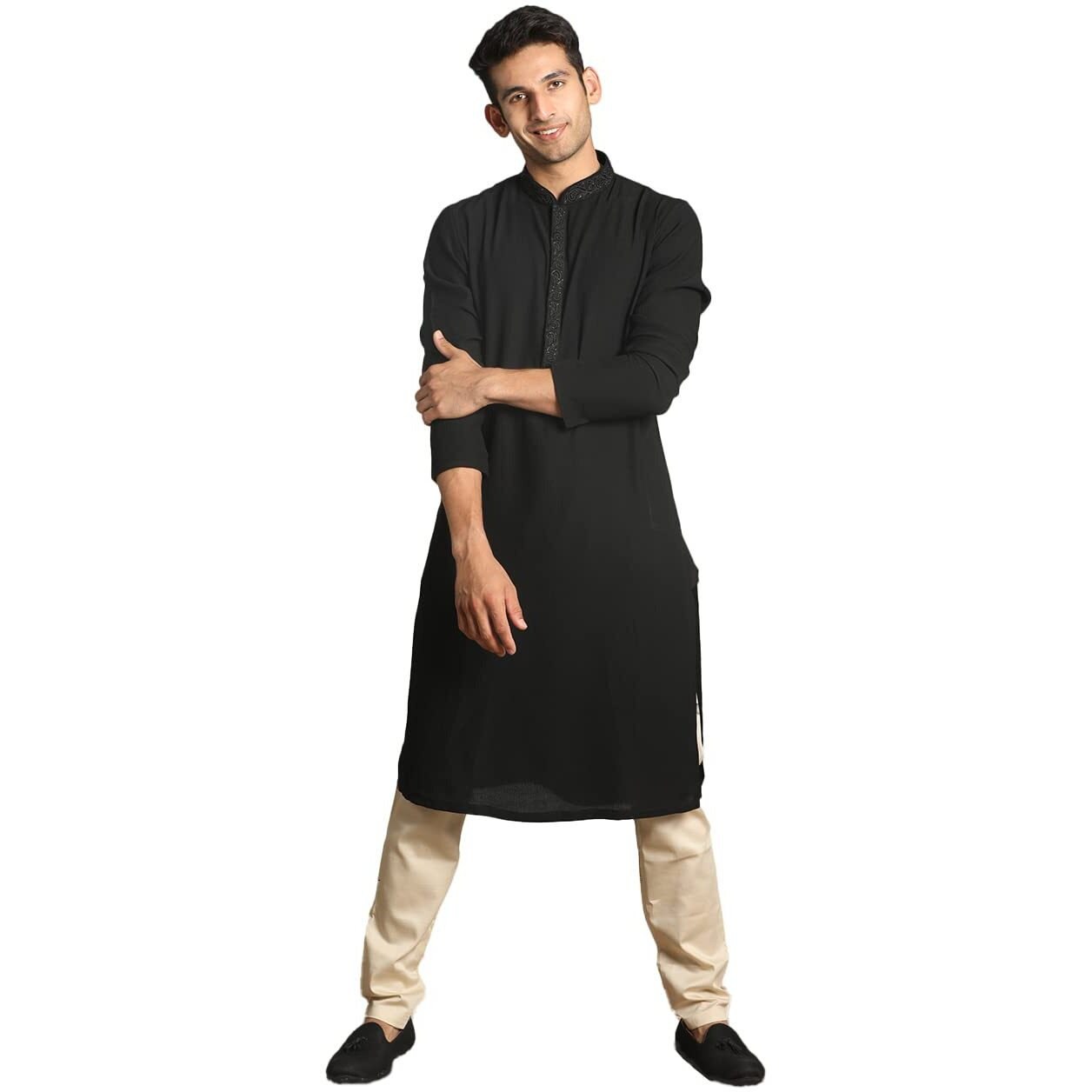 Manyavar Kurta Set For Men, Full Sleeves Mandarin Collar Ethnic Men's Kurta Set For Engagement, Wedding, Party Blended Viscose Solid (Black, Xl)