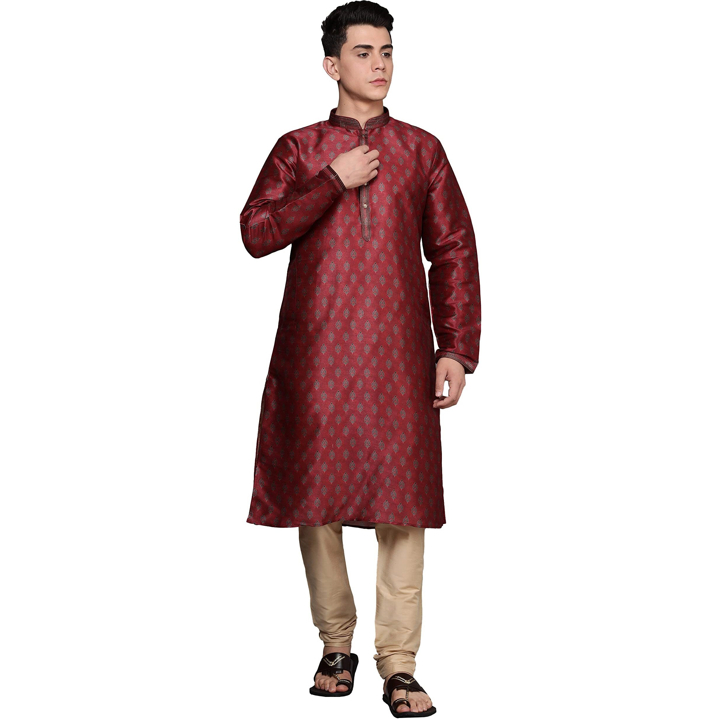 Manyavar Kurta Set For Men, Full Sleeves Mandarin Collar Ethnic Kurta Set Art Silk (Maroon, L)
