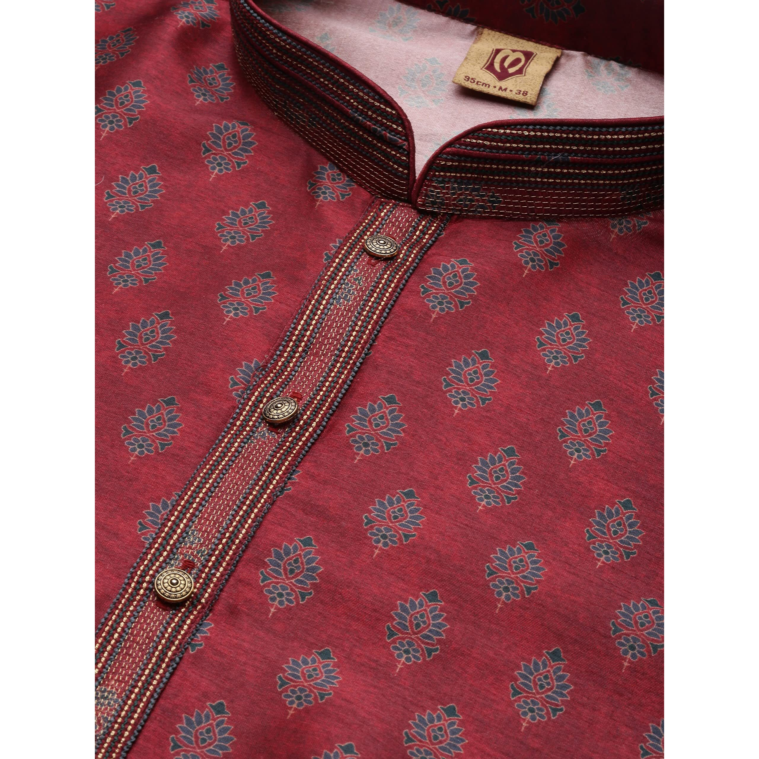 Manyavar Kurta Set For Men, Full Sleeves Mandarin Collar Ethnic Kurta Set Art Silk (Maroon, L)