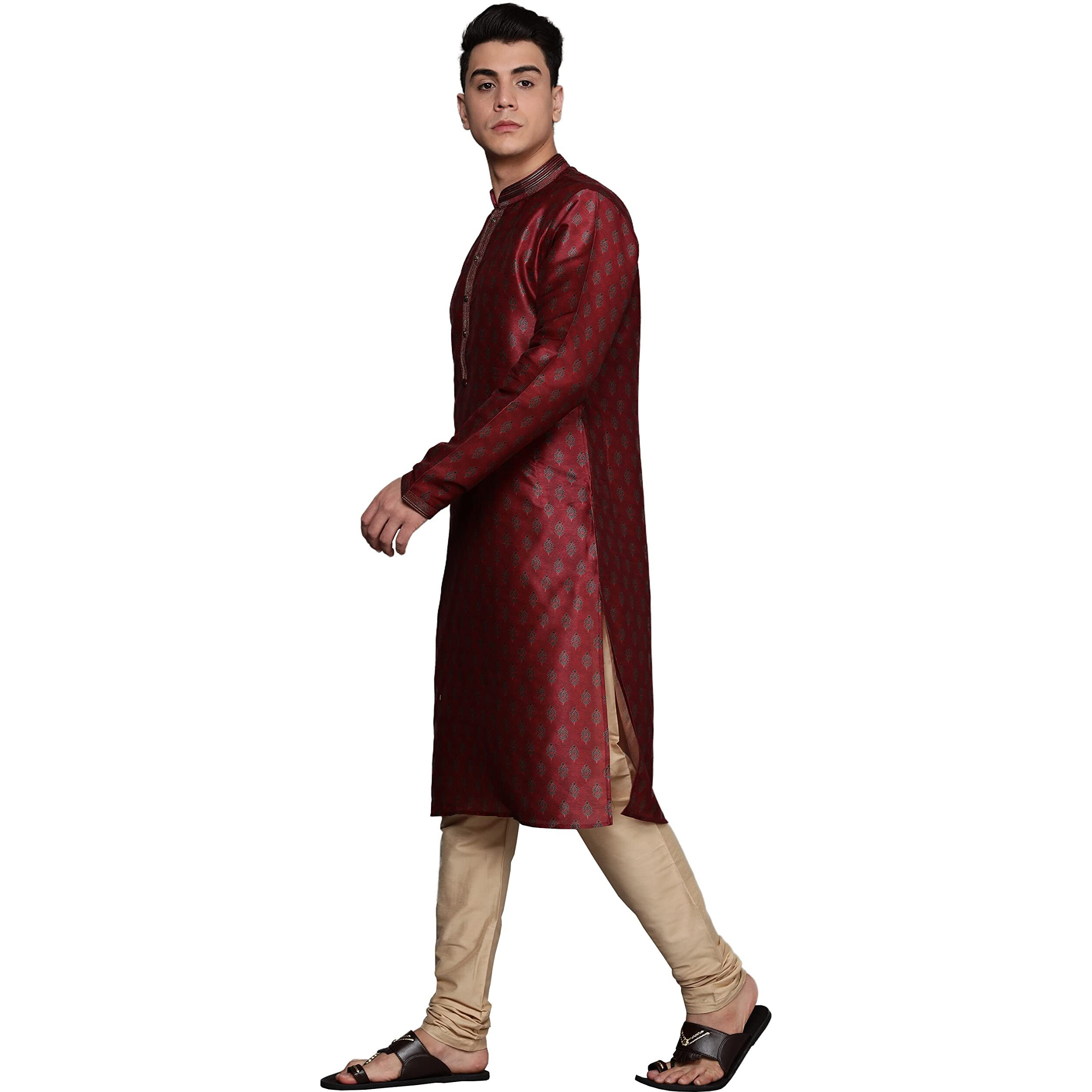 Manyavar Kurta Set For Men, Full Sleeves Mandarin Collar Ethnic Kurta Set Art Silk (Maroon, L)