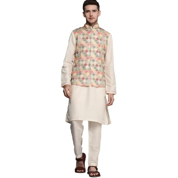 Manyavar Kurta Jacket Set For Men, Full Sleeves Mandarin Collar Ethnic Wear Jacket Set For Festival, Wedding, Party Georgette (Beige, M)