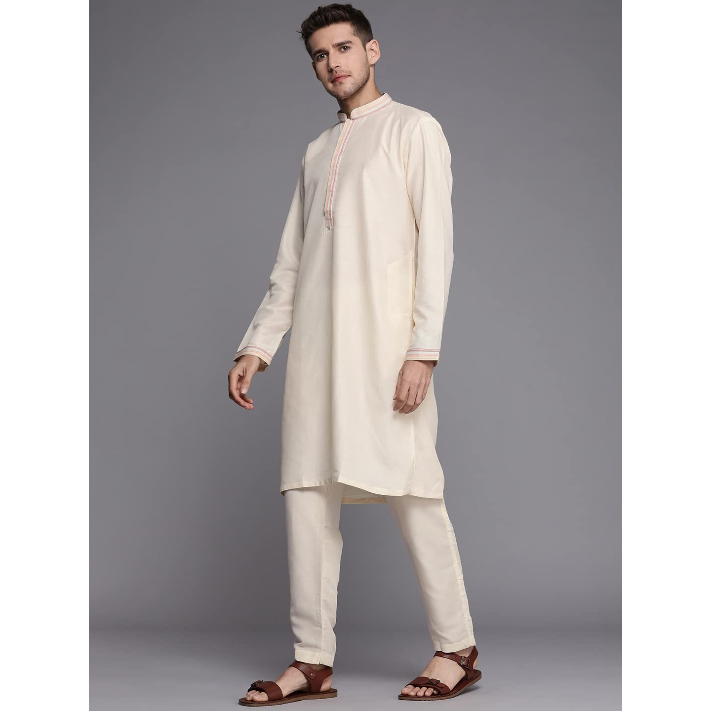 Manyavar Kurta Jacket Set For Men, Full Sleeves Mandarin Collar Ethnic Wear Jacket Set For Festival, Wedding, Party Georgette (Beige, M)