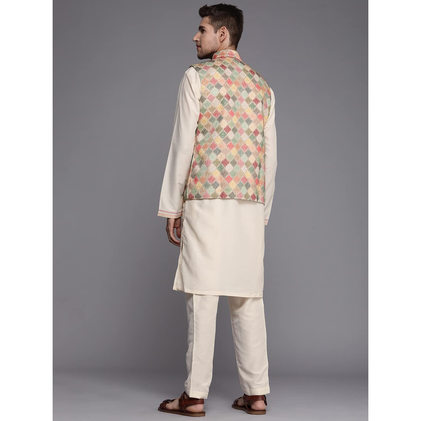Manyavar Kurta Jacket Set For Men, Full Sleeves Mandarin Collar Ethnic Wear Jacket Set For Festival, Wedding, Party Georgette (Beige, M)