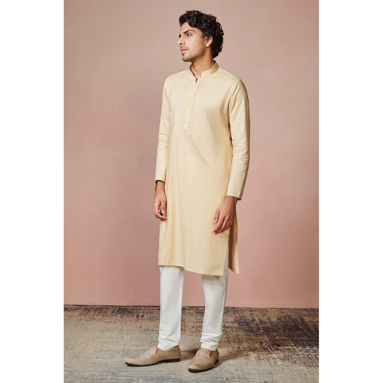 Manyavar Kurta Set For Men, Full Sleeves Mandarin Collar Ethnic Kurta Set For Diwali, Wedding, Party Solid (Beige, 2Xl)