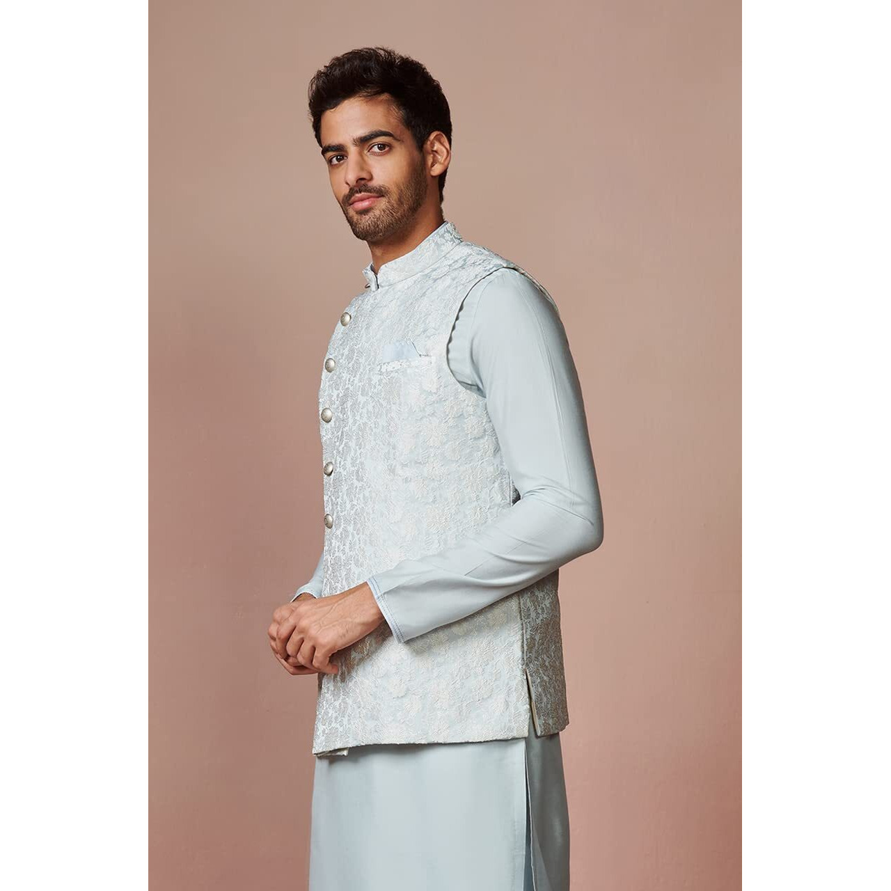 Manyavar Kurta Jacket Set For Men, Full Sleeves Mandarin Collar Ethnic Kurta Jacket Set For Festival, Wedding, Party Blended Viscose (Blue, L)