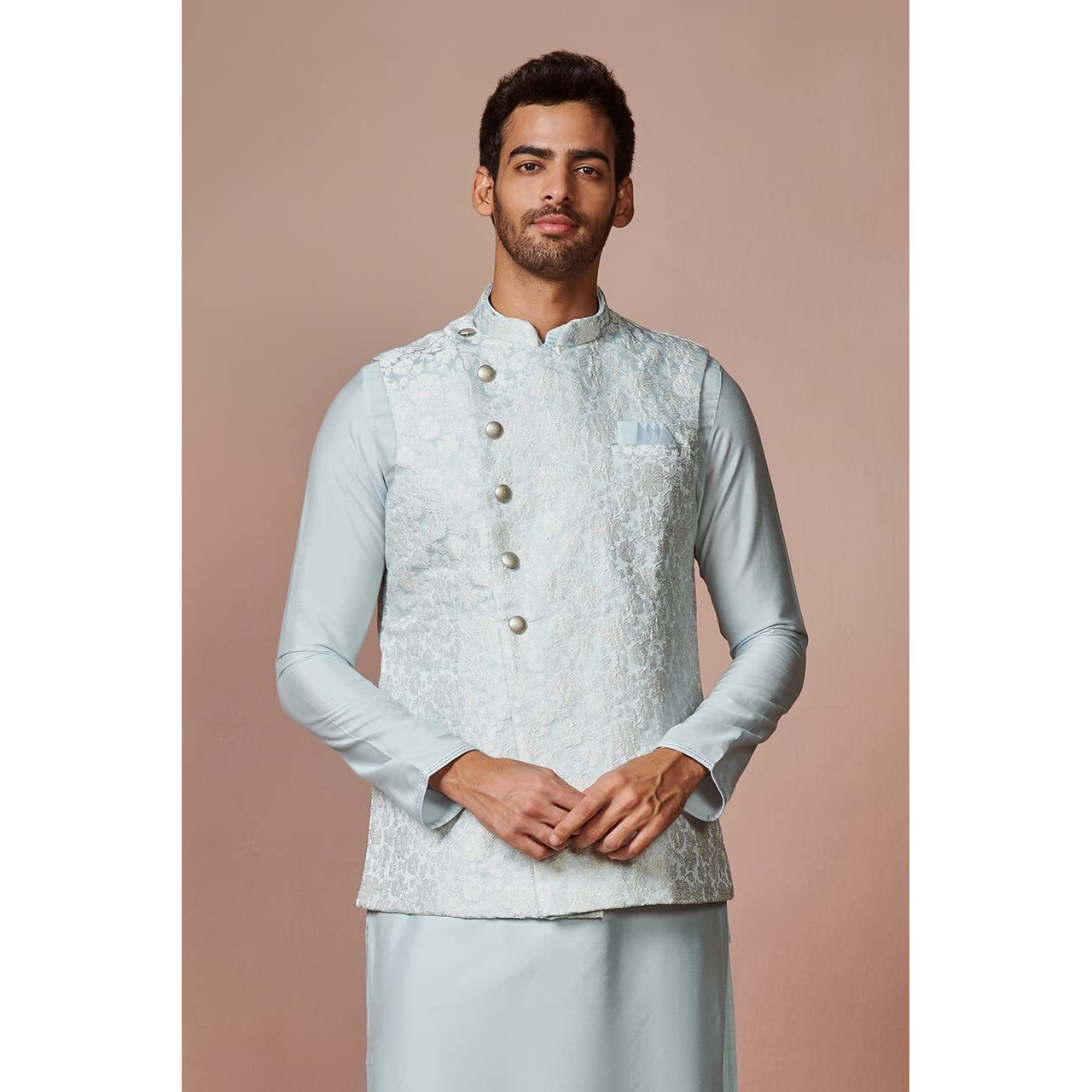 Manyavar Kurta Jacket Set For Men, Full Sleeves Mandarin Collar Ethnic Kurta Jacket Set For Festival, Wedding, Party Blended Viscose (Blue, L)
