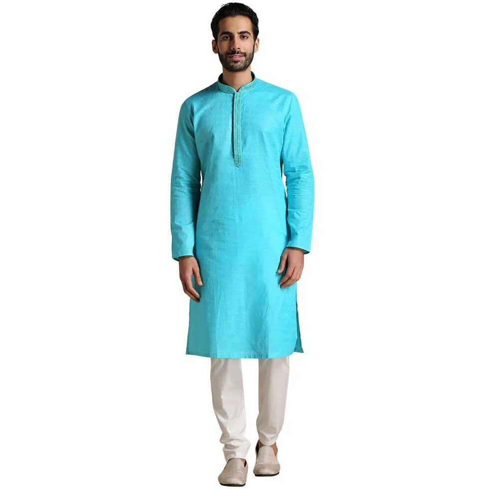 Manyavar Kurta Set For Men, Full Sleeves Mandarin Collar Ethnic Men's Kurta Set For Engagement, Wedding, Party Cotton Solid (Blue, L)