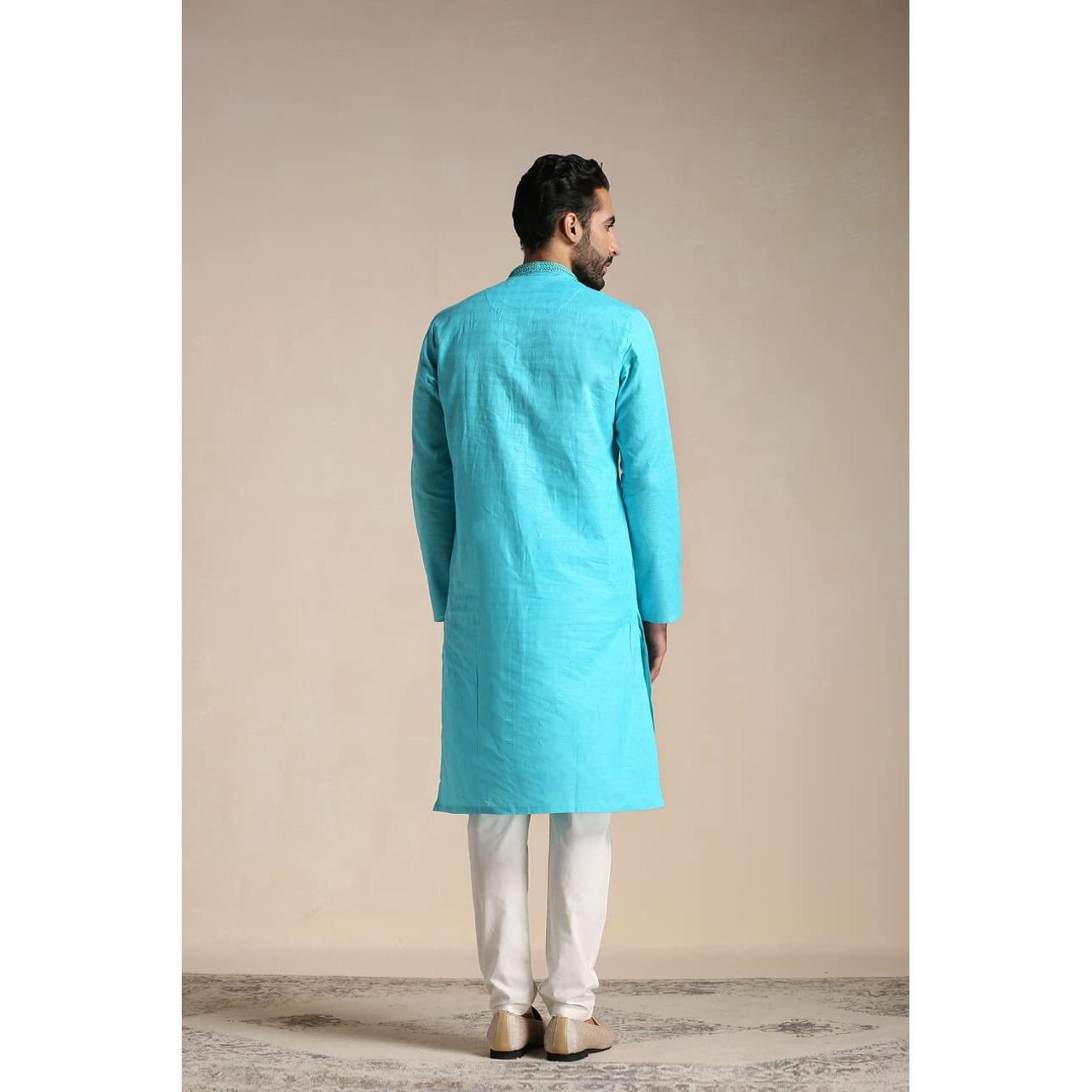 Manyavar Kurta Set For Men, Full Sleeves Mandarin Collar Ethnic Men's Kurta Set For Engagement, Wedding, Party Cotton Solid (Blue, L)