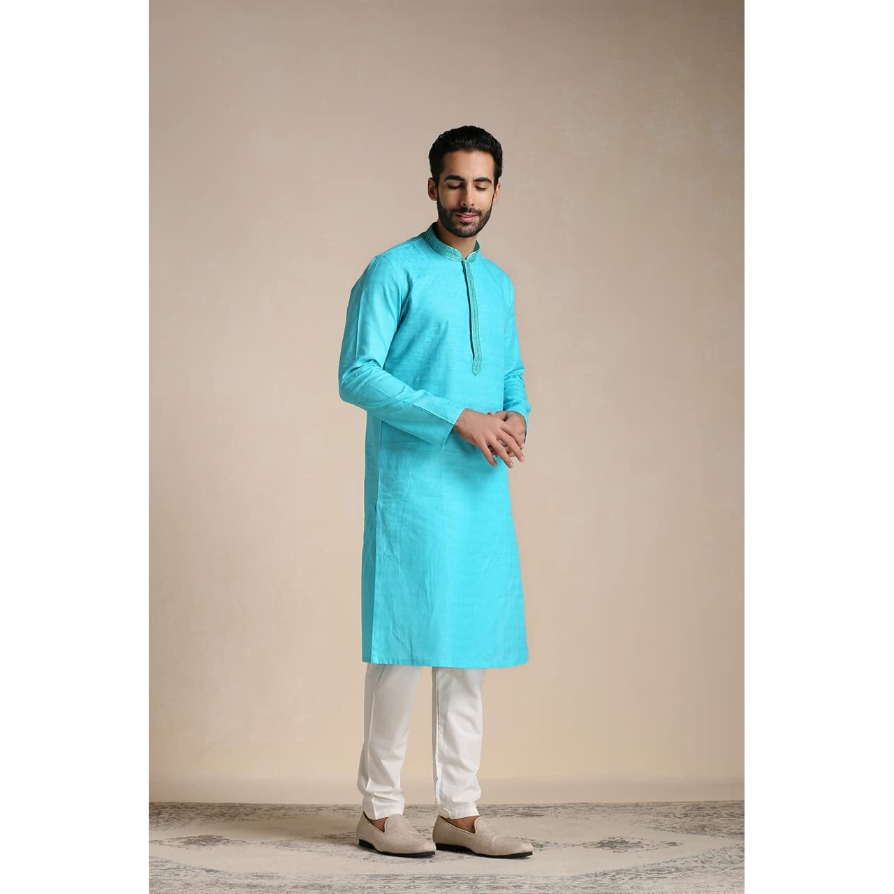 Manyavar Kurta Set For Men, Full Sleeves Mandarin Collar Ethnic Men's Kurta Set For Engagement, Wedding, Party Cotton Solid (Blue, L)