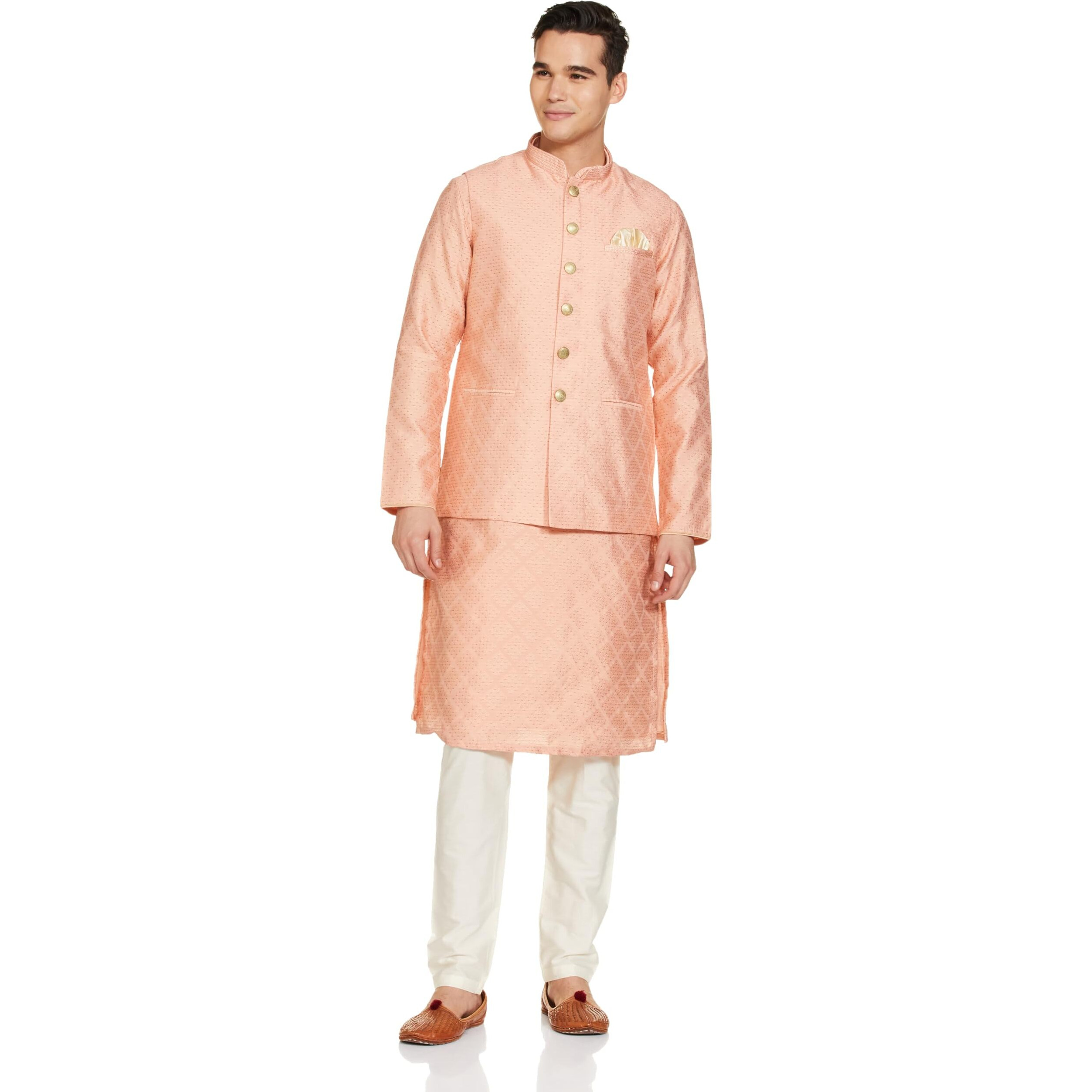 Manyavar Peach Art Silk Self Design Celebration Kurta Jacket Set With Mandarin Collar