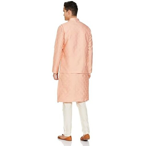 Manyavar Peach Art Silk Self Design Celebration Kurta Jacket Set With Mandarin Collar