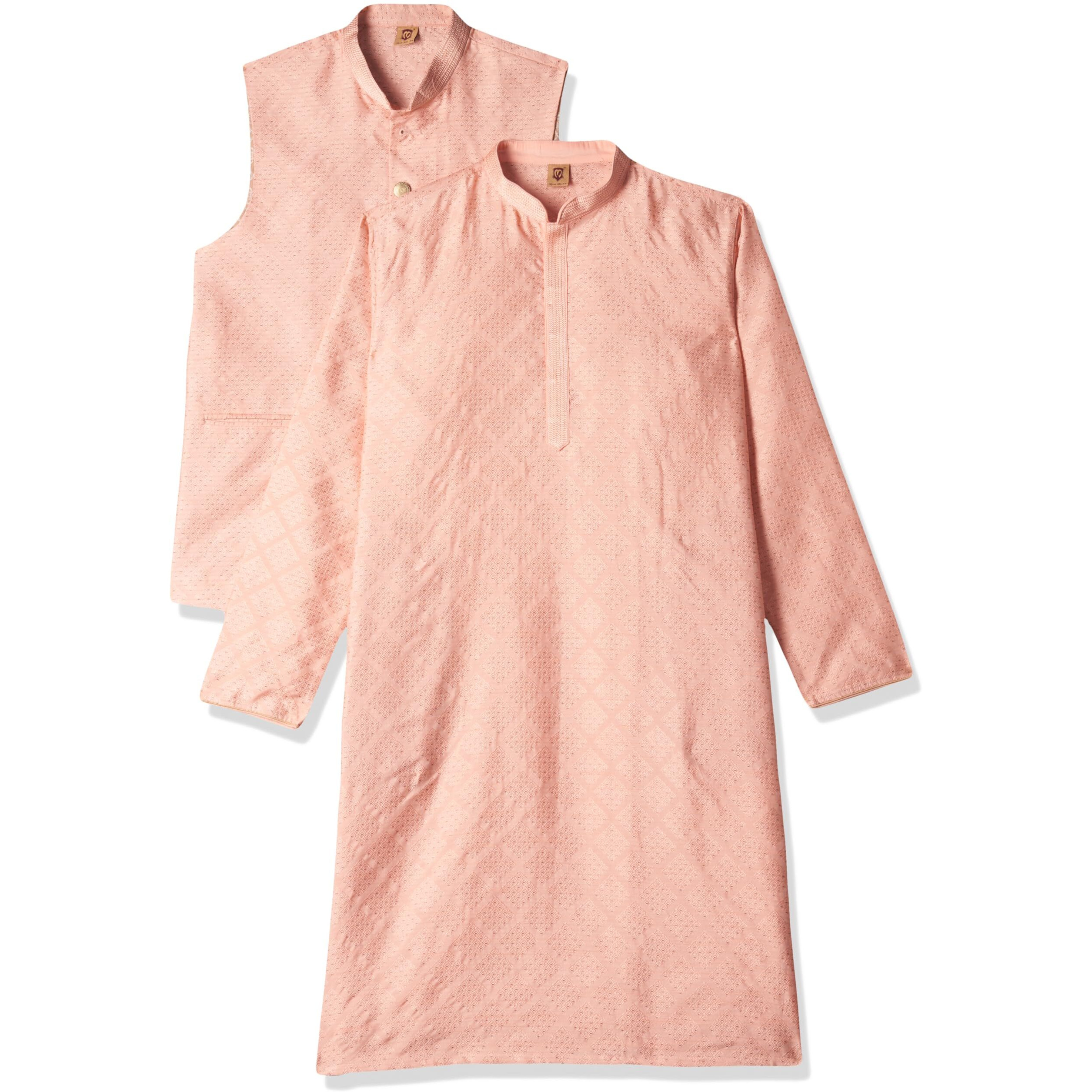 Manyavar Peach Art Silk Self Design Celebration Kurta Jacket Set With Mandarin Collar