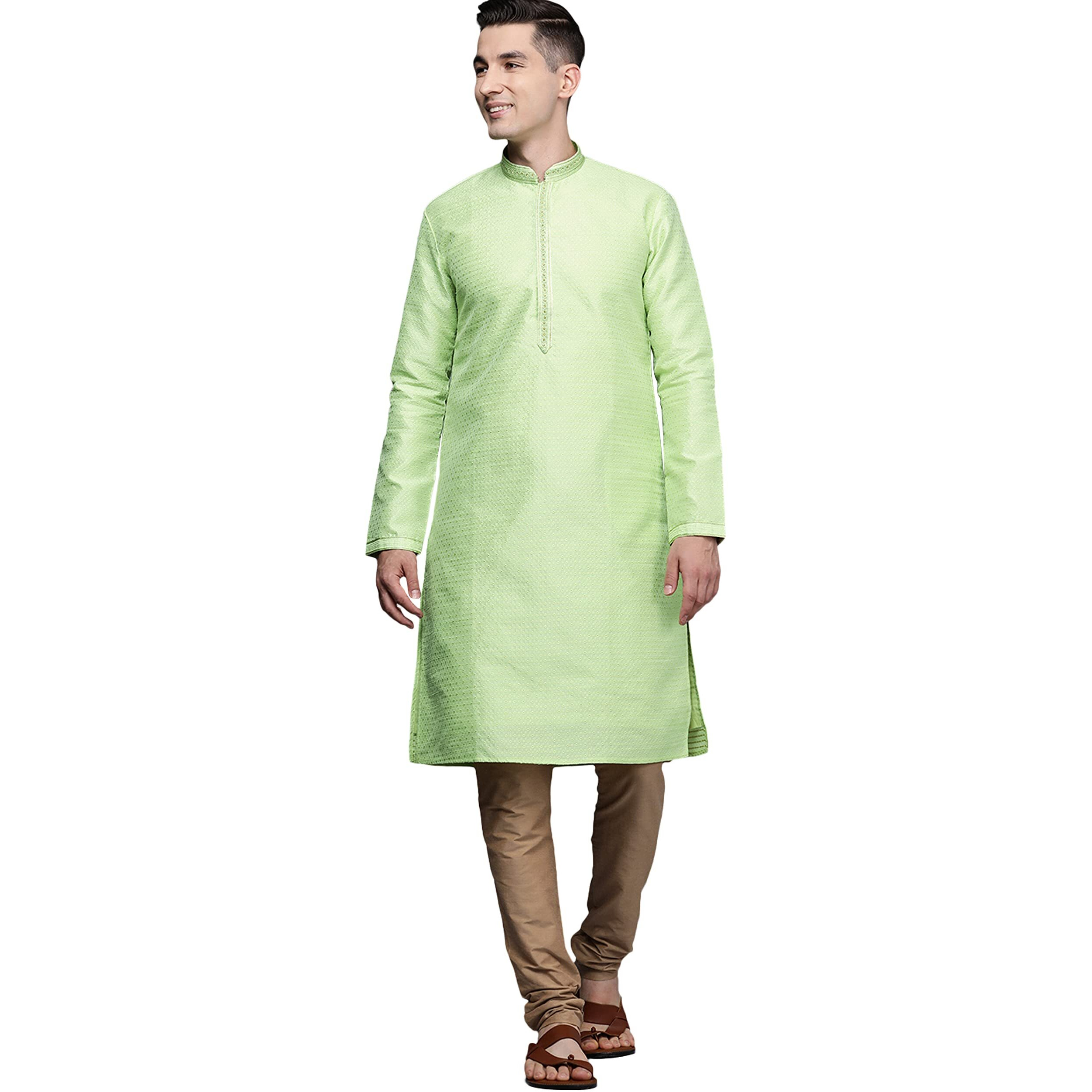 Manyavar Kurta Set For Men, Full Sleeves Mandarin Collar Ethnic Kurta Set For Diwali, Wedding, Party Art Silk (Fawn, Xl)
