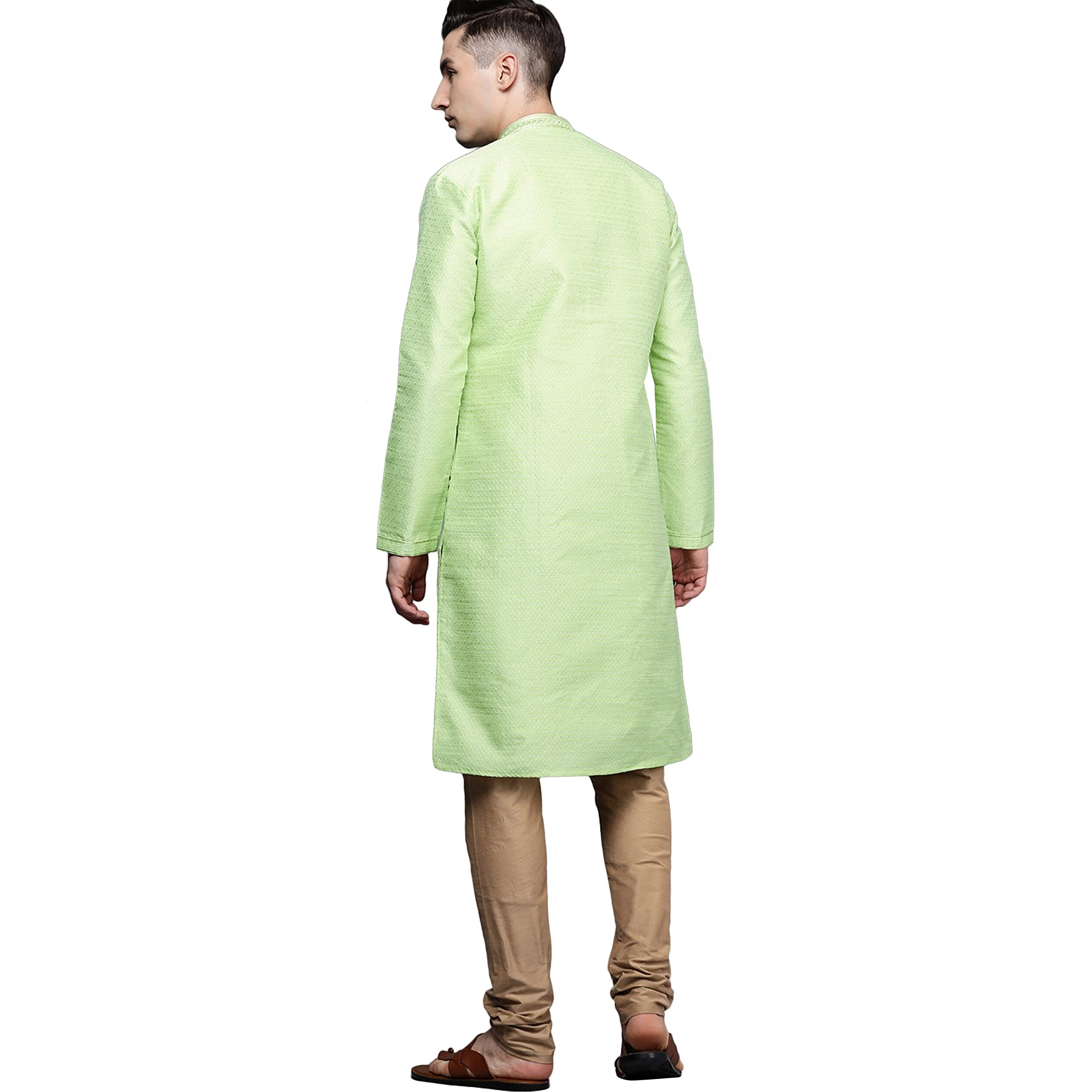 Manyavar Kurta Set For Men, Full Sleeves Mandarin Collar Ethnic Kurta Set For Diwali, Wedding, Party Art Silk (Fawn, Xl)
