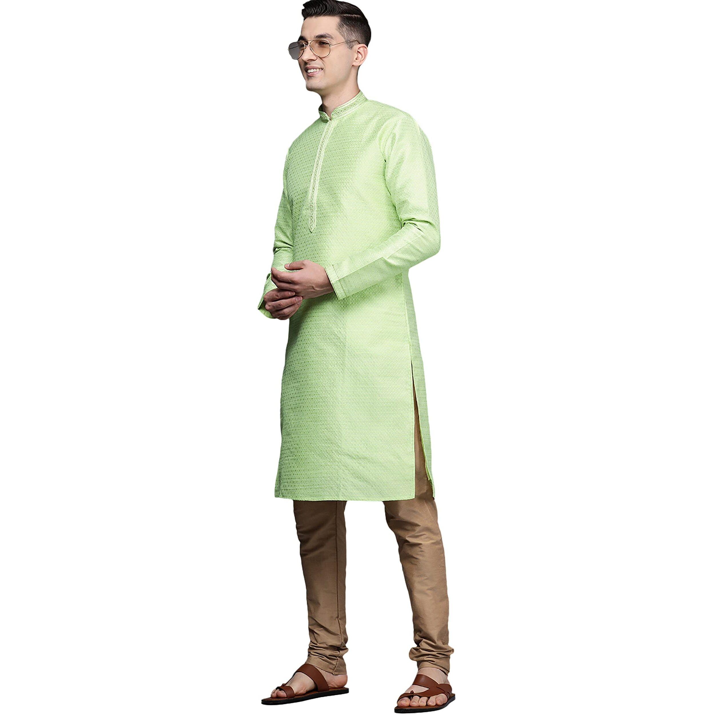 Manyavar Kurta Set For Men, Full Sleeves Mandarin Collar Ethnic Kurta Set For Diwali, Wedding, Party Art Silk (Fawn, Xl)