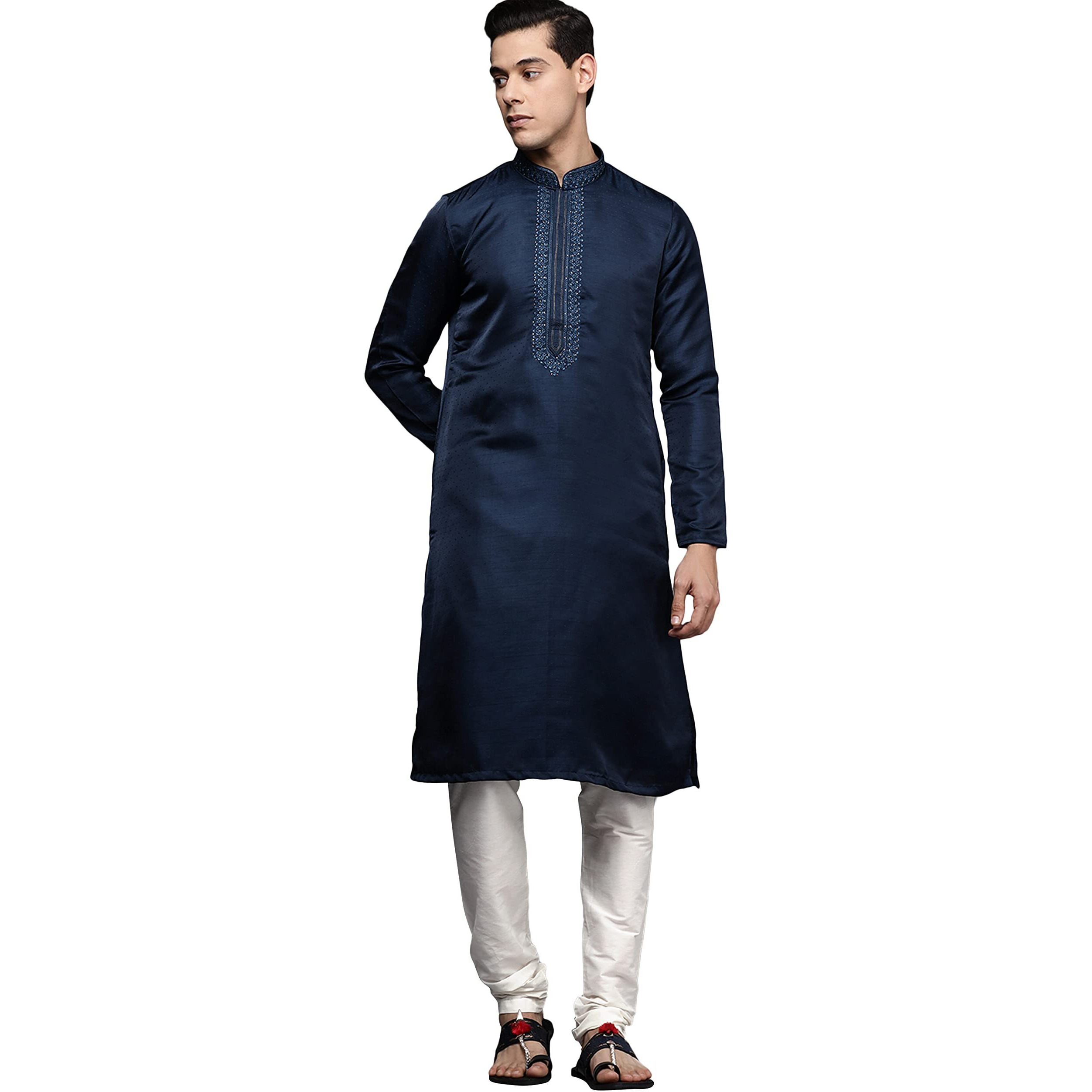 Manyavar Kurta Set For Men, Full Sleeves Mandarin Collar Ethnic Kurta Set For Diwali, Wedding, Party Cotton (Mustard, L)