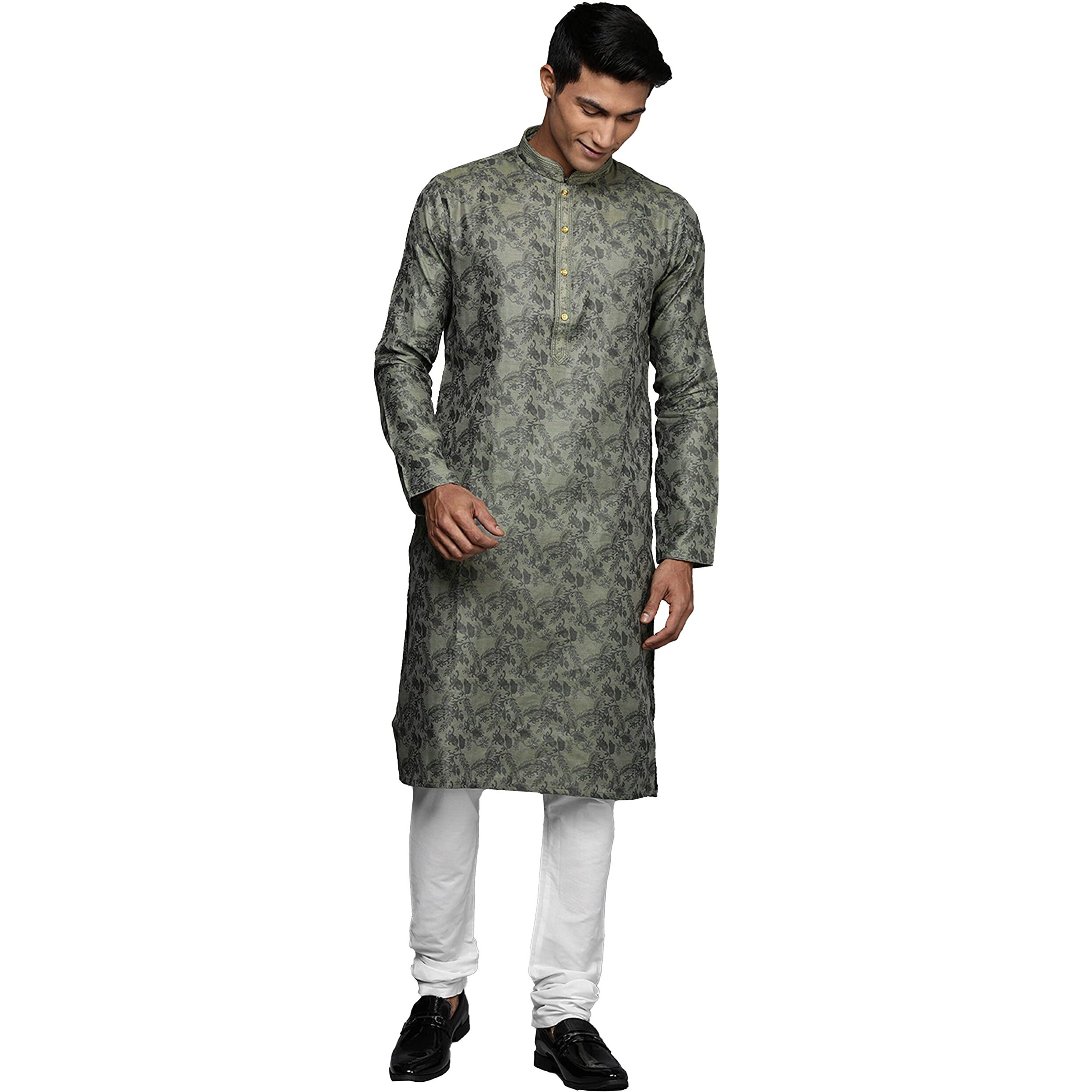 Manyavar Kurta Set For Men, Full Sleeves Mandarin Collar Ethnic Kurta Set For Engagement, Wedding, Party Printed (Grey, L)