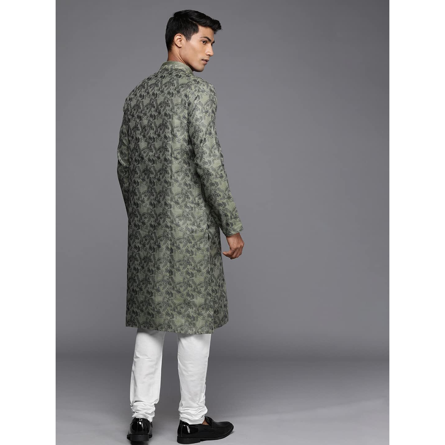 Manyavar Kurta Set For Men, Full Sleeves Mandarin Collar Ethnic Kurta Set For Engagement, Wedding, Party Printed (Grey, L)