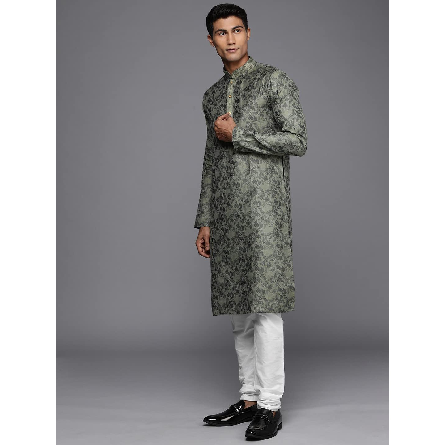 Manyavar Kurta Set For Men, Full Sleeves Mandarin Collar Ethnic Kurta Set For Engagement, Wedding, Party Printed (Grey, L)