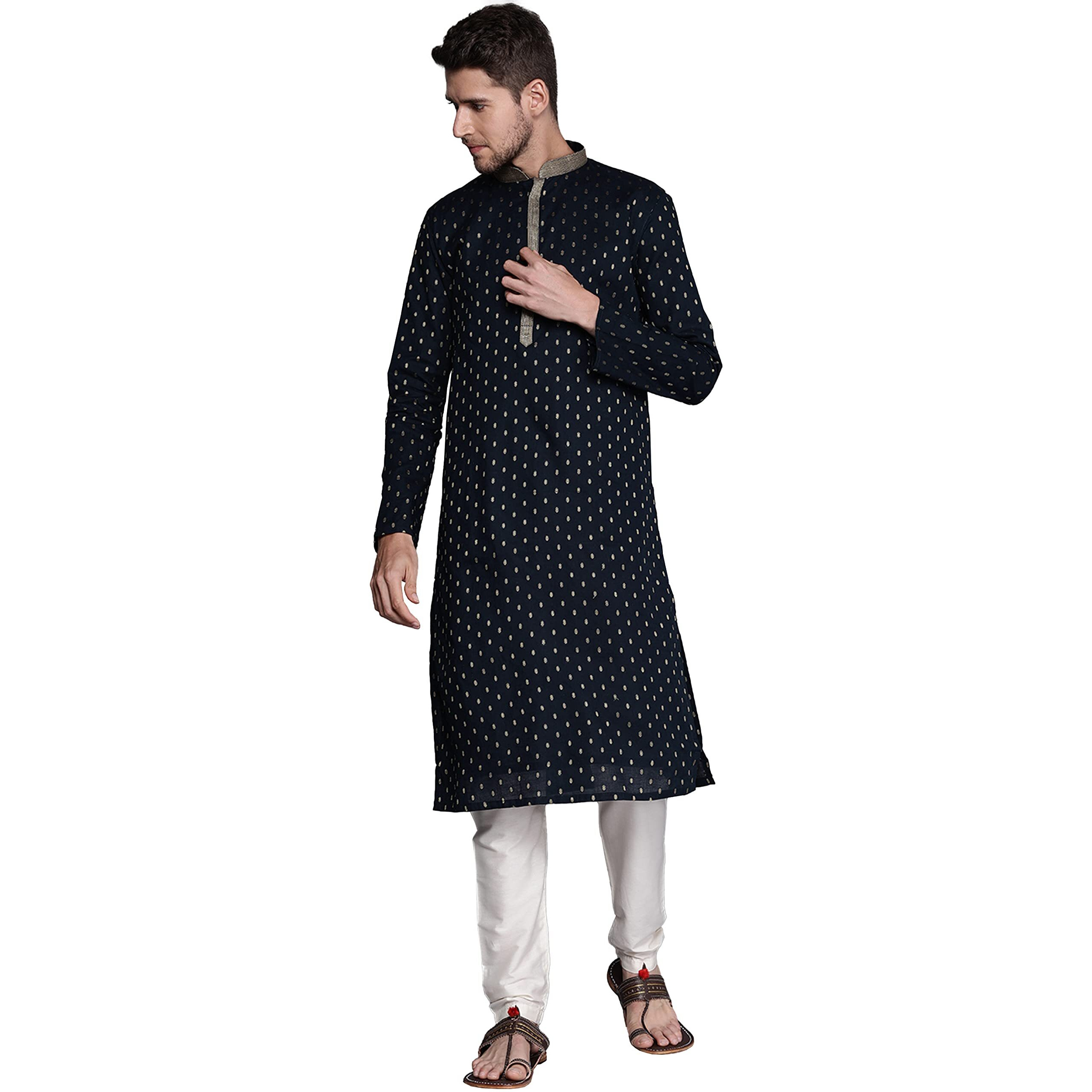 Manyavar Kurta Set For Men, Full Sleeves Mandarin Collar Ethnic Kurta Set For Engagement, Wedding, Party Solid (Blue, L)