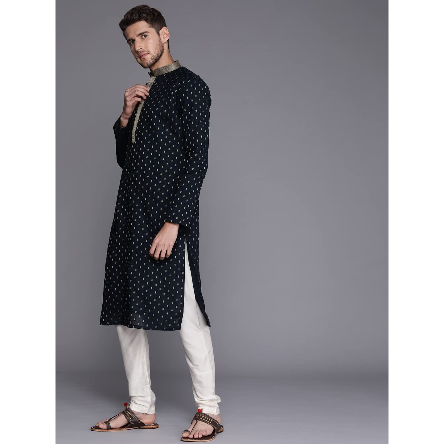 Manyavar Kurta Set For Men, Full Sleeves Mandarin Collar Ethnic Kurta Set For Engagement, Wedding, Party Solid (Blue, L)