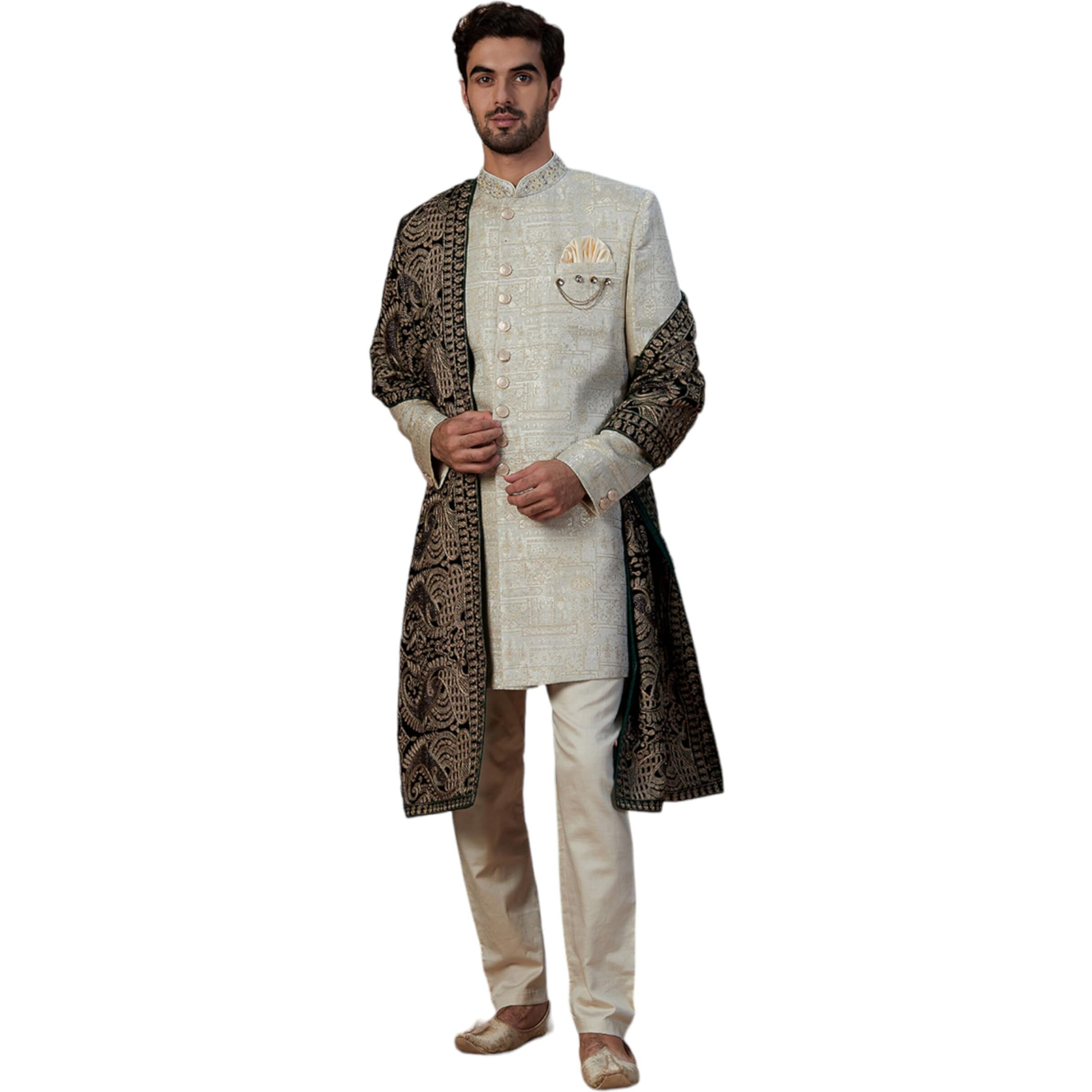 Manyavar Dark Green Paisley Patterned Dupatta