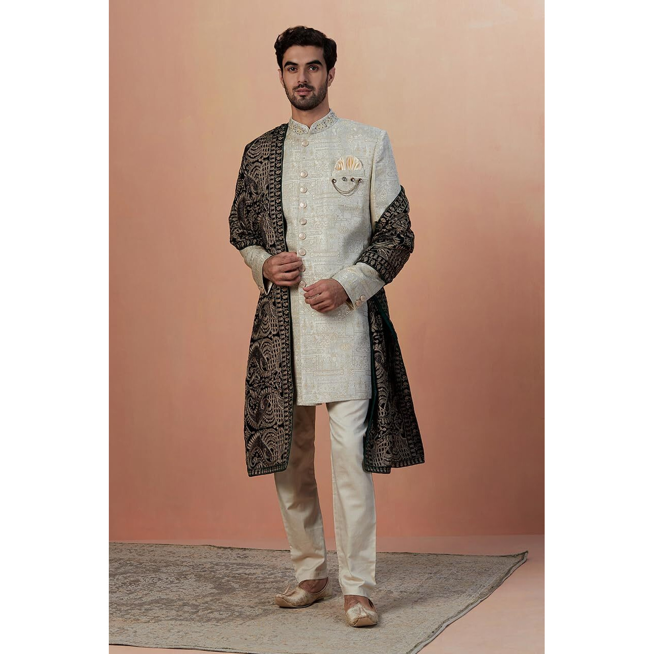 Manyavar Dark Green Paisley Patterned Dupatta