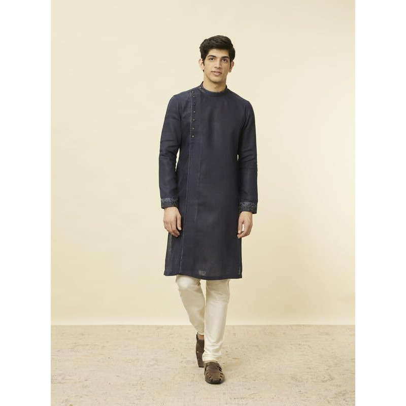 Manyavar Men's Kurta, Long Sleeves Mandarin Collar Ethnic Knee Length Kurta Only, Kurta For Festival, Wedding, Party & Anniversary Blended Linen (Blue, M)