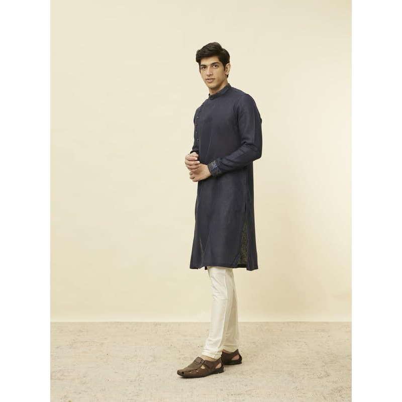 Manyavar Men's Kurta, Long Sleeves Mandarin Collar Ethnic Knee Length Kurta Only, Kurta For Festival, Wedding, Party & Anniversary Blended Linen (Blue, M)