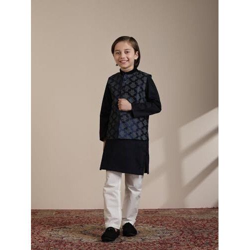 Manyavar Art Silk Print|Embroidery Kurta Jacket Pyjama Set For Child(10-12 Years)