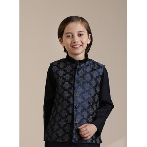 Manyavar Art Silk Print|Embroidery Kurta Jacket Pyjama Set For Child(10-12 Years)