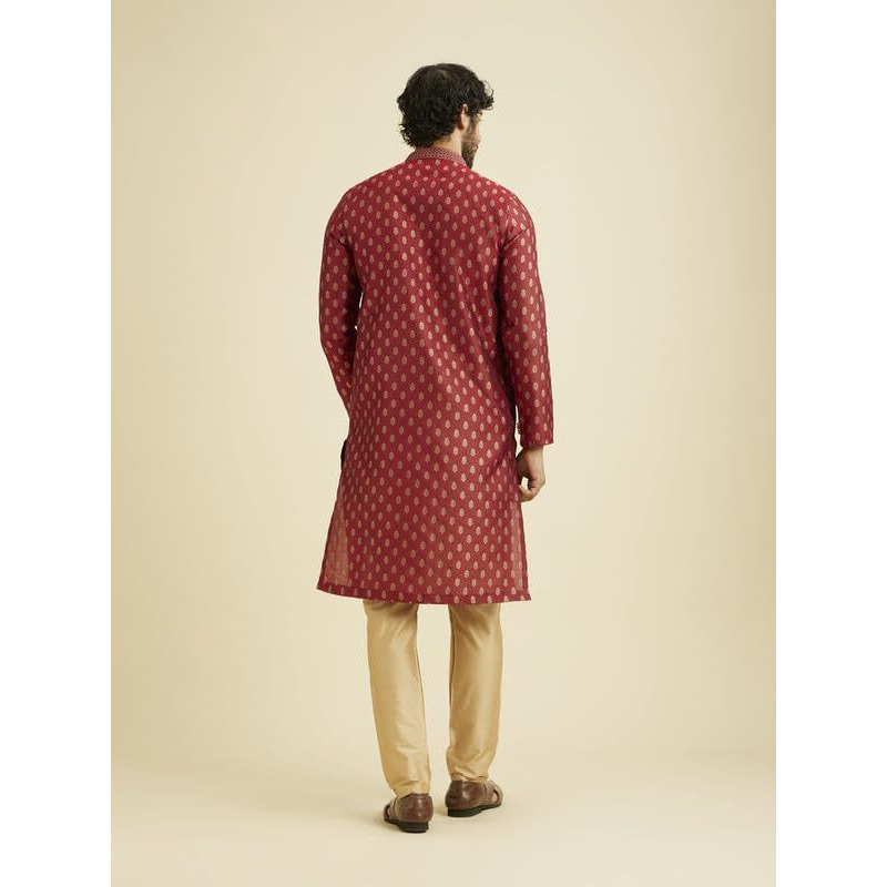 Manyavar Kurta Set For Men, Full Sleeves Mandarin Collar Ethnic Kurta Set For Engagement, Wedding & Partyall Over Self Design Kurta Set Art Silk (Maroon, L)