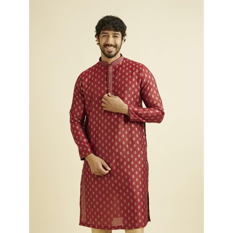 Manyavar Kurta Set For Men, Full Sleeves Mandarin Collar Ethnic Kurta Set For Engagement, Wedding & Partyall Over Self Design Kurta Set Art Silk (Maroon, L)