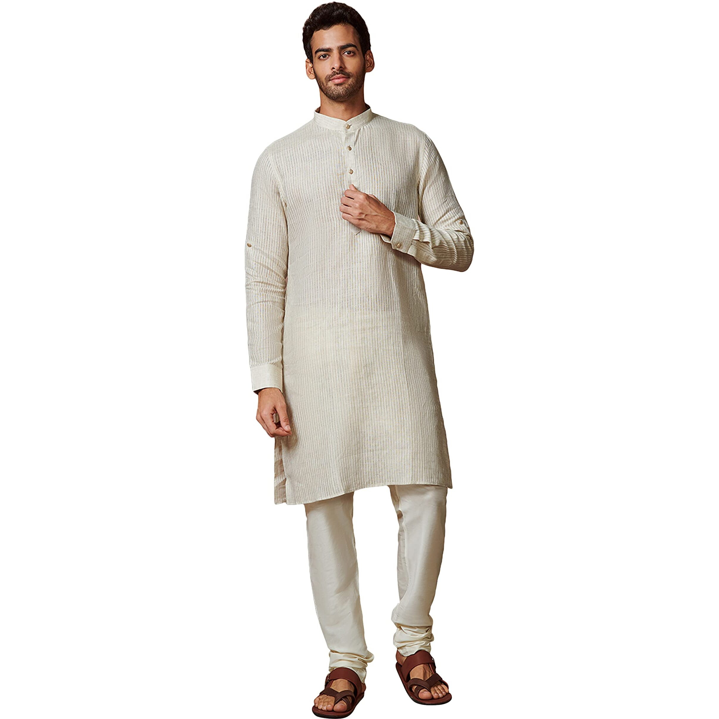 Manyavar Mens Kurta, Full Sleeve Mandarin Collared Ethnic Knee Length Kurta, Linen Kurta For Festival, Wedding, Party, Anniversary (Beige, Xl)