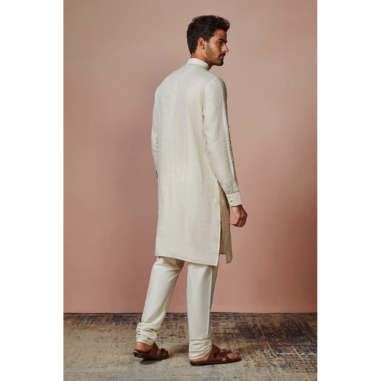 Manyavar Mens Kurta, Full Sleeve Mandarin Collared Ethnic Knee Length Kurta, Linen Kurta For Festival, Wedding, Party, Anniversary (Beige, Xl)