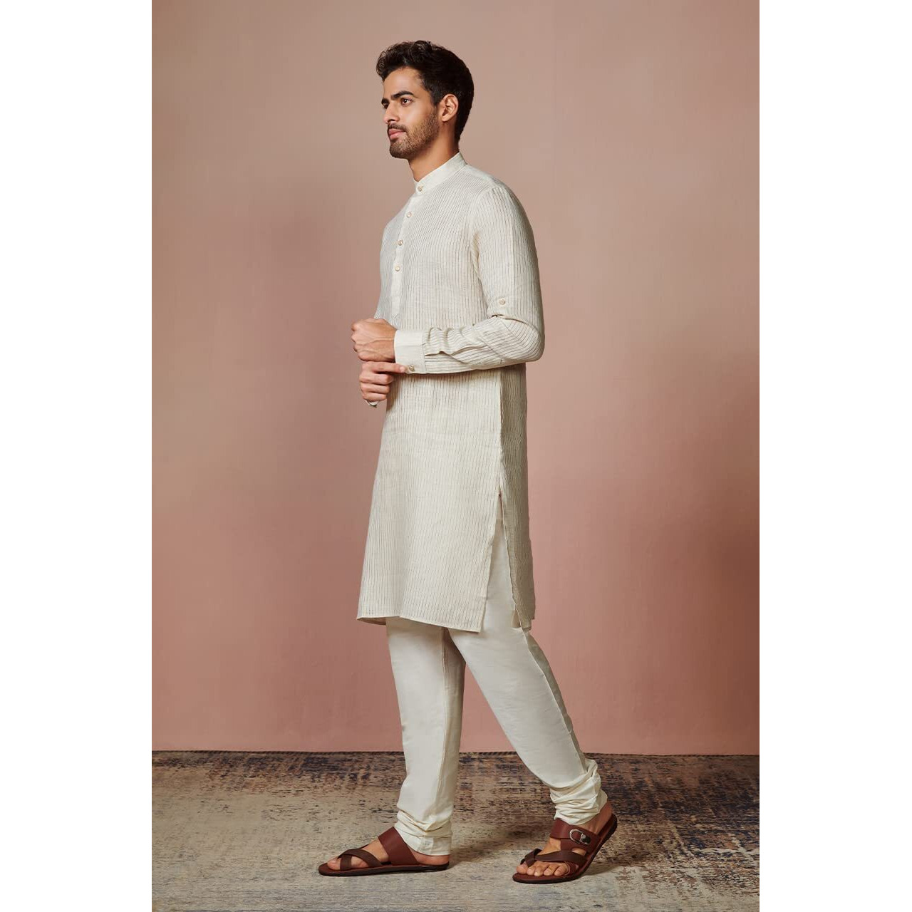 Manyavar Mens Kurta, Full Sleeve Mandarin Collared Ethnic Knee Length Kurta, Linen Kurta For Festival, Wedding, Party, Anniversary (Beige, Xl)