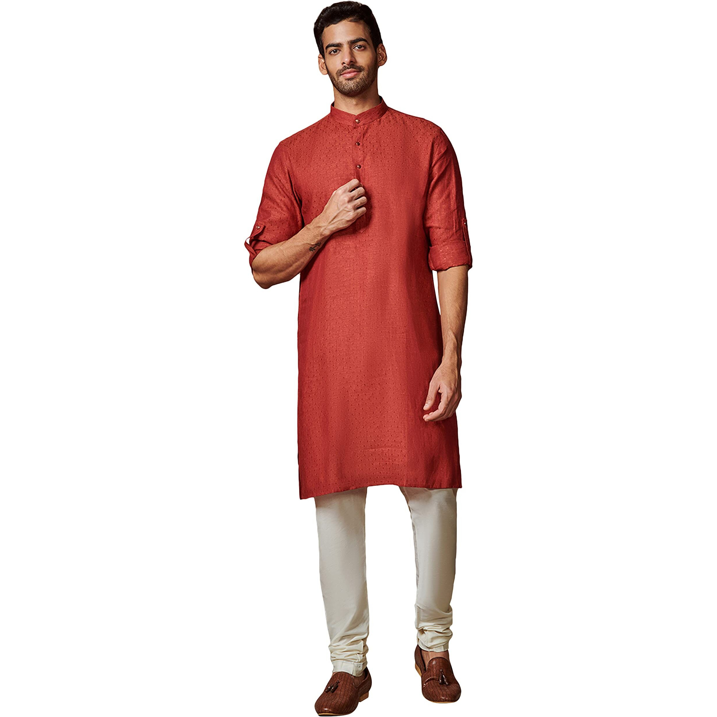 Manyavar Mens Kurta, Full Sleeves Mandarin Collared Ethnic Knee Length Kurta, Linen Kurta For Festival, Wedding, Party, Anniversary (Rust, 2Xl)