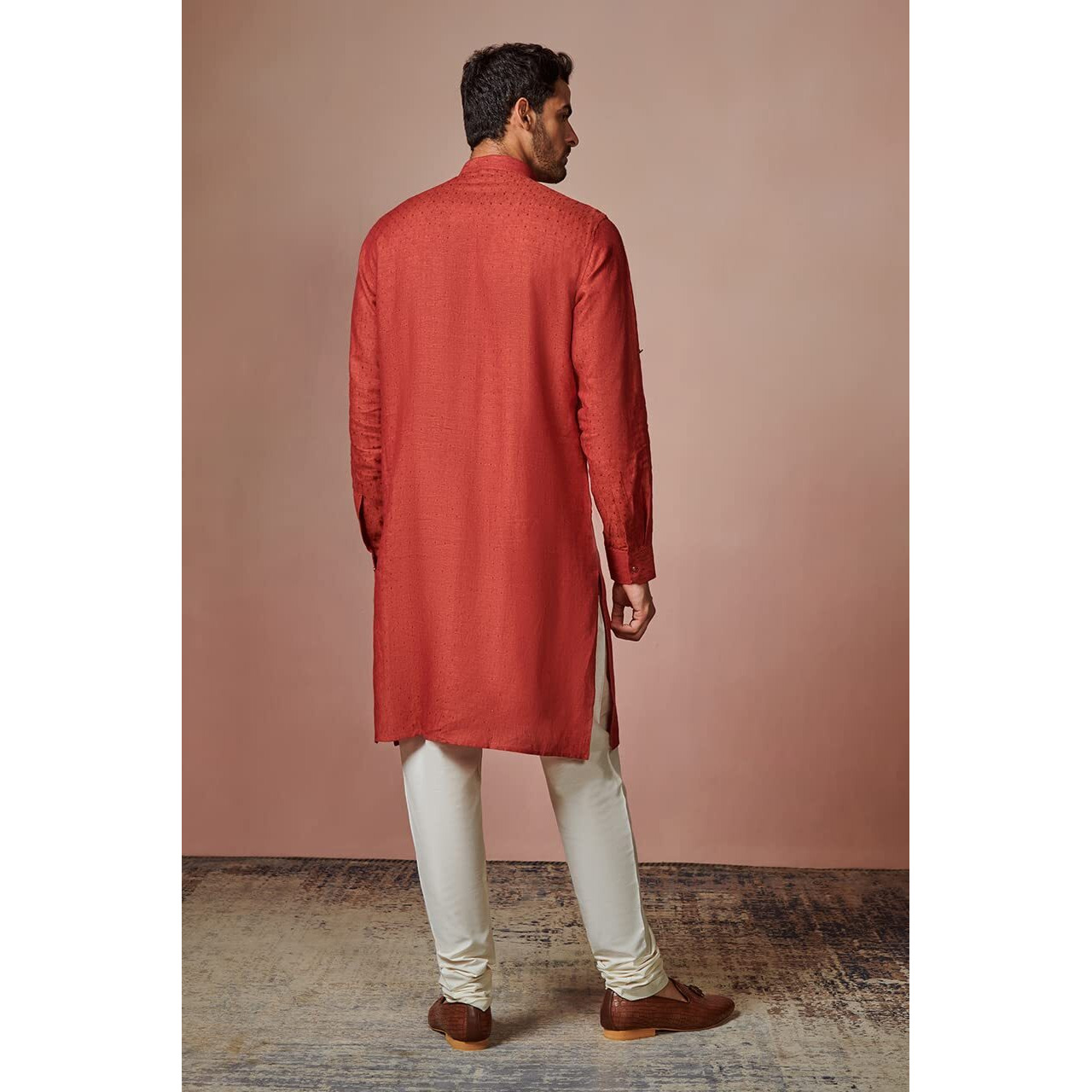 Manyavar Mens Kurta, Full Sleeves Mandarin Collared Ethnic Knee Length Kurta, Linen Kurta For Festival, Wedding, Party, Anniversary (Rust, 2Xl)