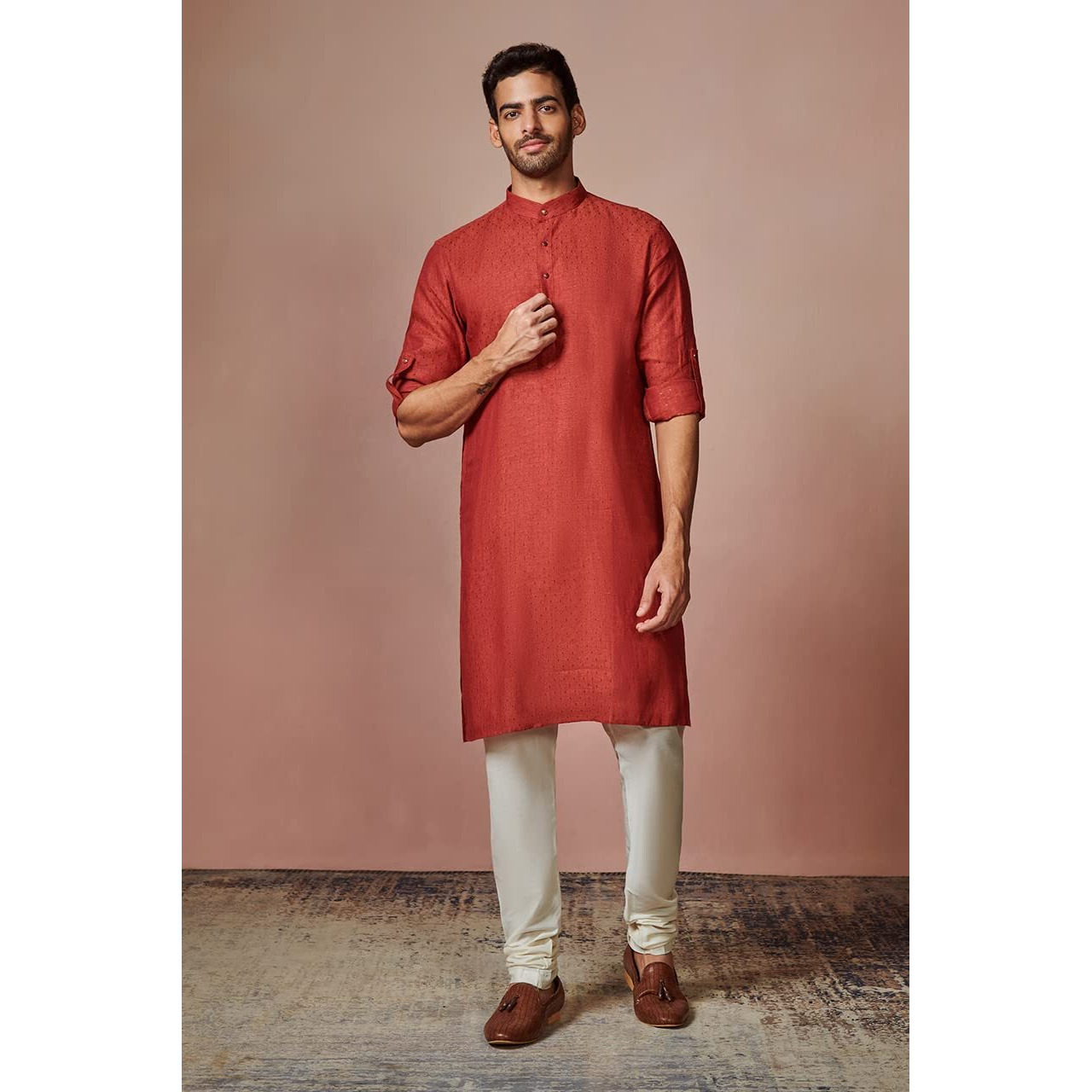 Manyavar Mens Kurta, Full Sleeves Mandarin Collared Ethnic Knee Length Kurta, Linen Kurta For Festival, Wedding, Party, Anniversary (Rust, 2Xl)