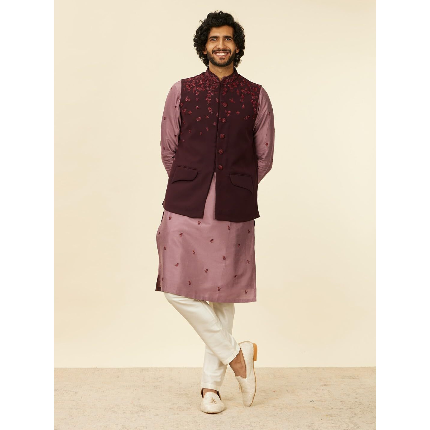 Manyavar Wine Blended Rayon Embroidery|Thread Work Kurta Jacket Pyjama Set For Men