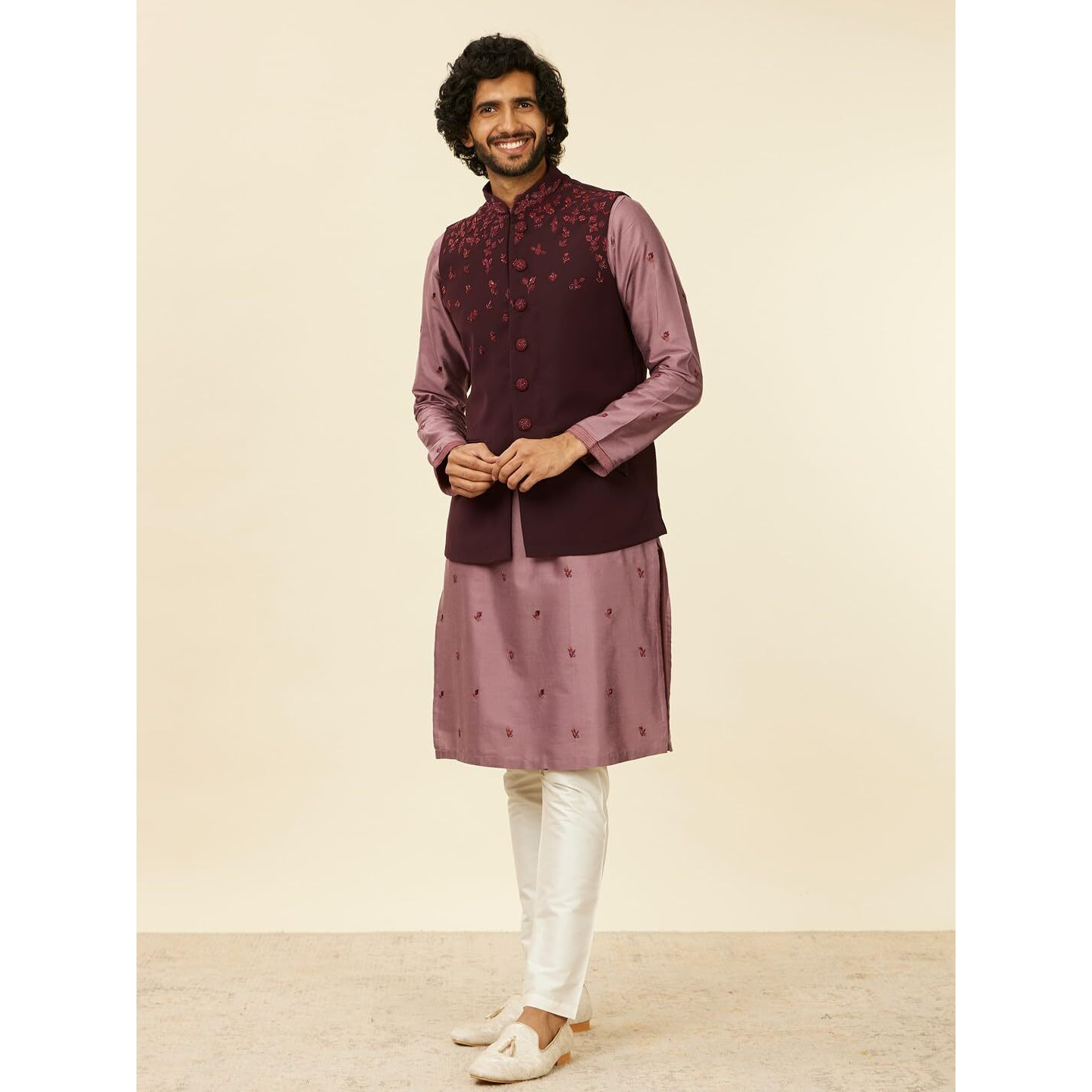 Manyavar Wine Blended Rayon Embroidery|Thread Work Kurta Jacket Pyjama Set For Men