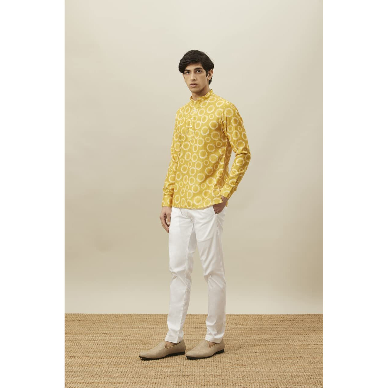 Manyavar Men's Short Kurta, Full Sleeves Mandarin Collar Ethnic Waist Length Kurta Only, Kurta For Festival, Wedding, Blended Viscose(Mustard - 1, M)