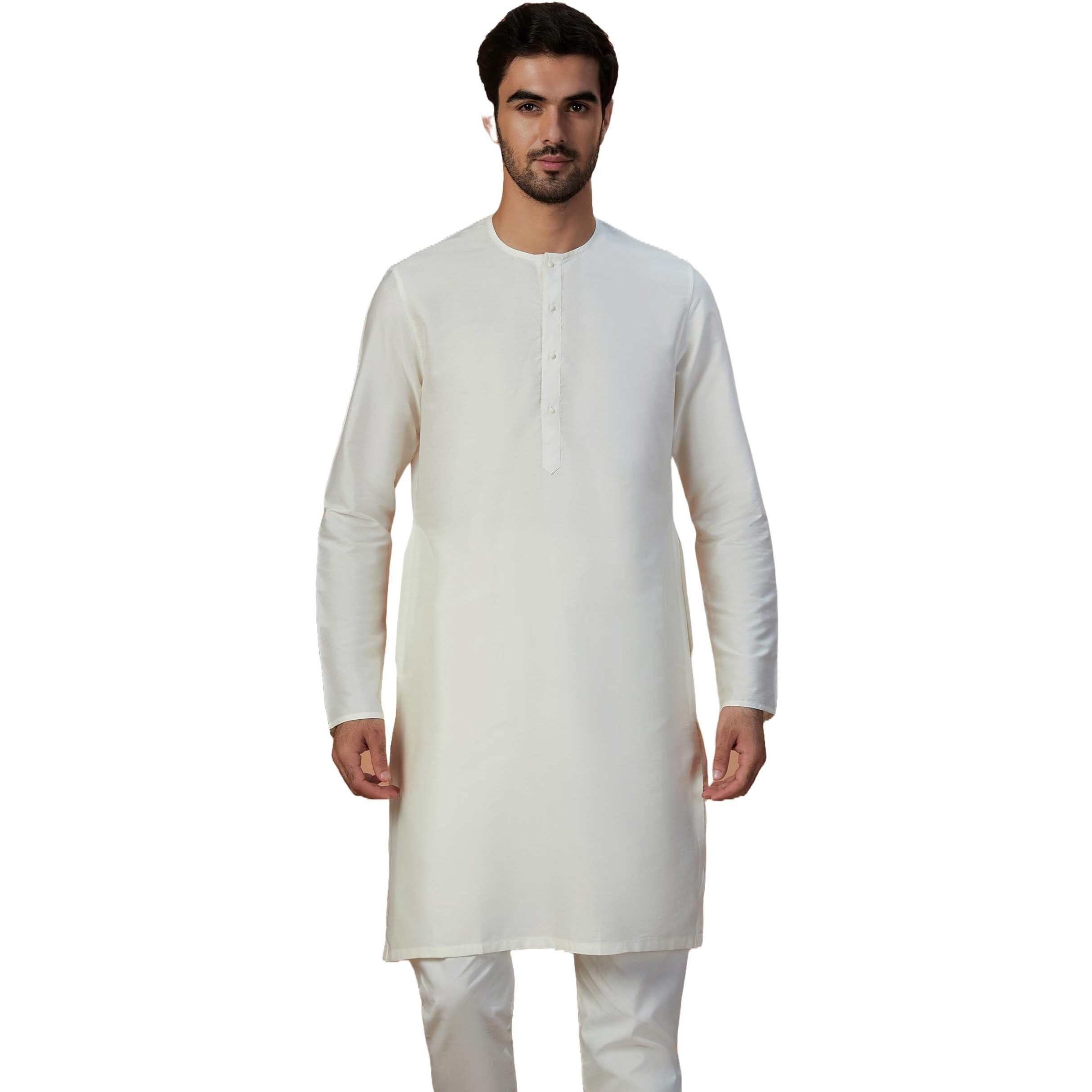Manyavar Men's Kurta, Full Sleeves Mandarin Collar Ethnic Knee Length Kurta, Blended Viscous Solid Kurta For Festival, Wedding, Party (Off White, M)