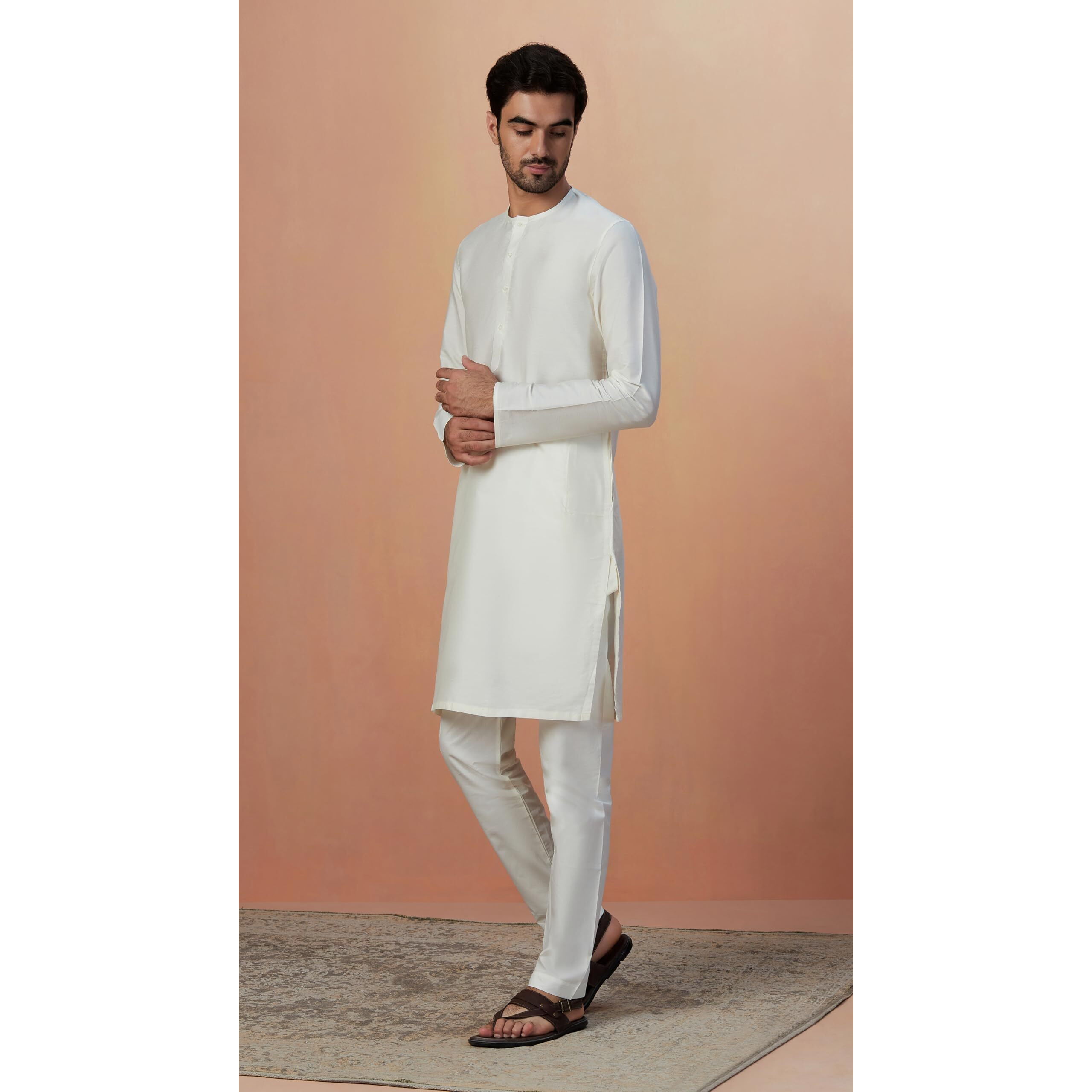 Manyavar Men's Kurta, Full Sleeves Mandarin Collar Ethnic Knee Length Kurta, Blended Viscous Solid Kurta For Festival, Wedding, Party (Off White, M)