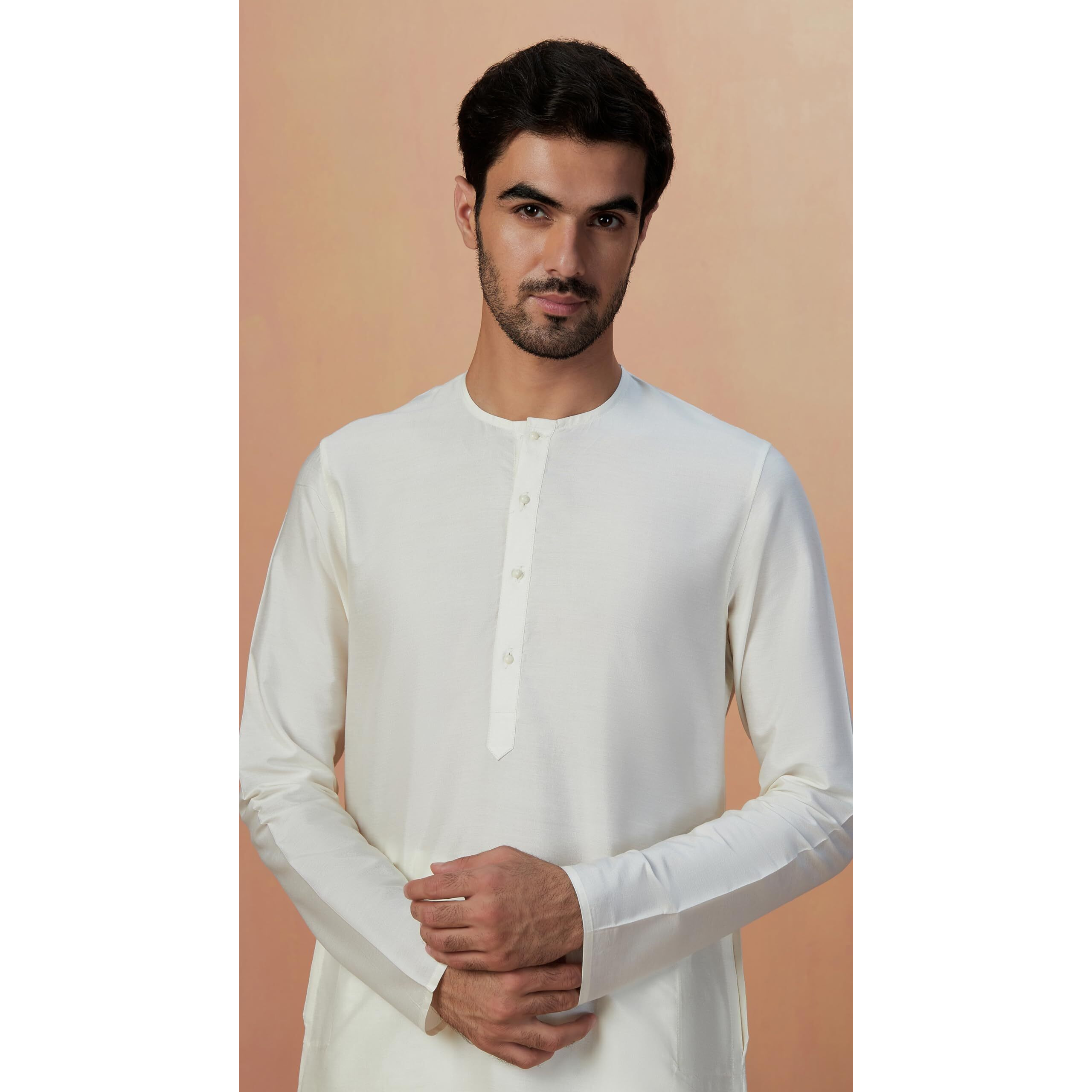 Manyavar Men's Kurta, Full Sleeves Mandarin Collar Ethnic Knee Length Kurta, Blended Viscous Solid Kurta For Festival, Wedding, Party (Off White, M)