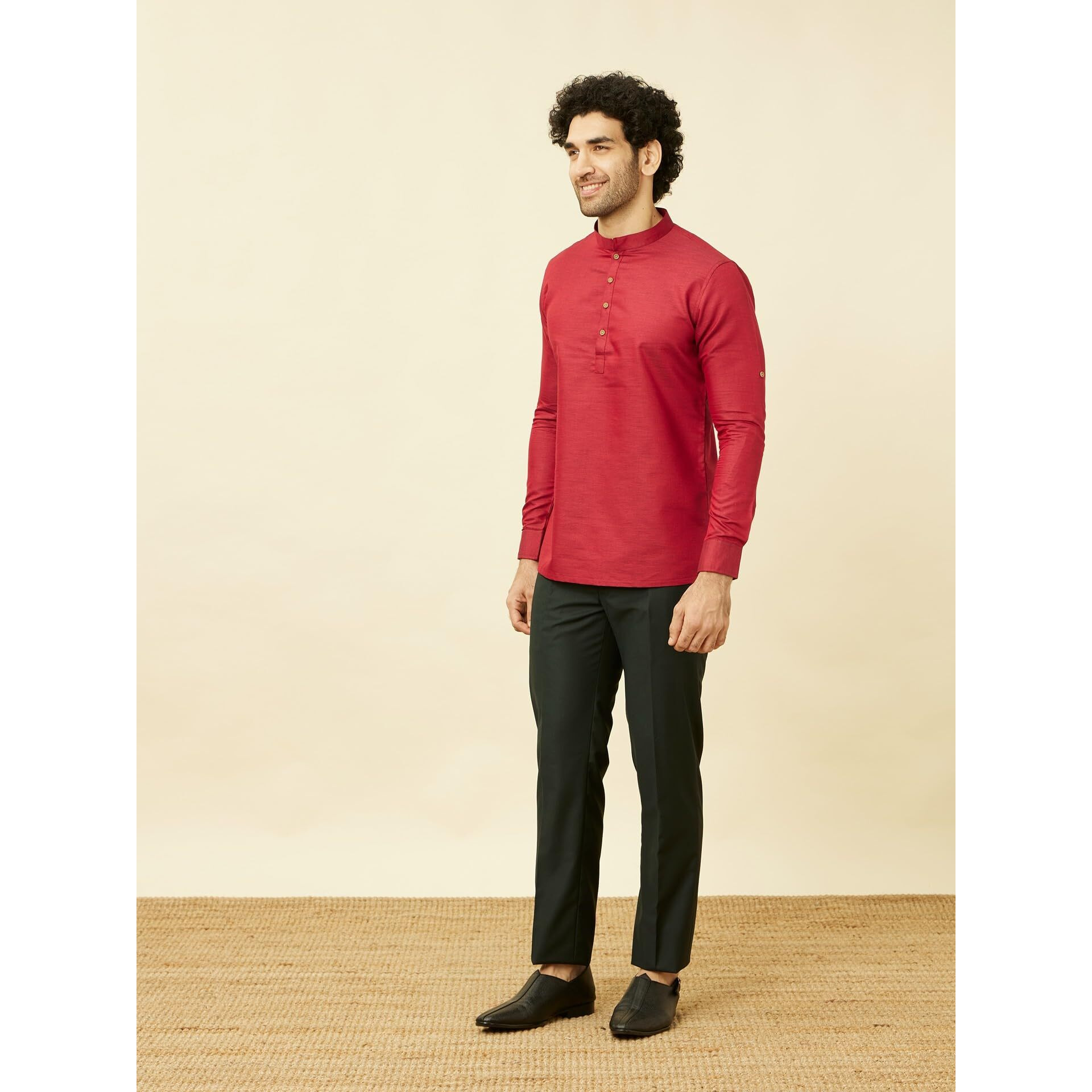 Manyavar Mens Red Blended Cotton Short Kurta