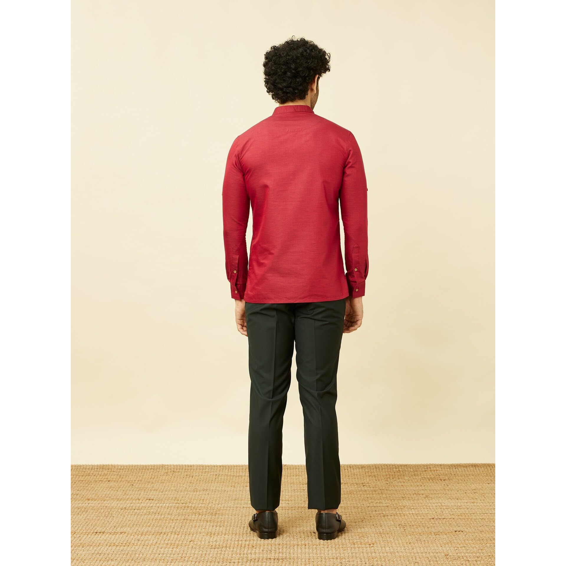 Manyavar Mens Red Blended Cotton Short Kurta
